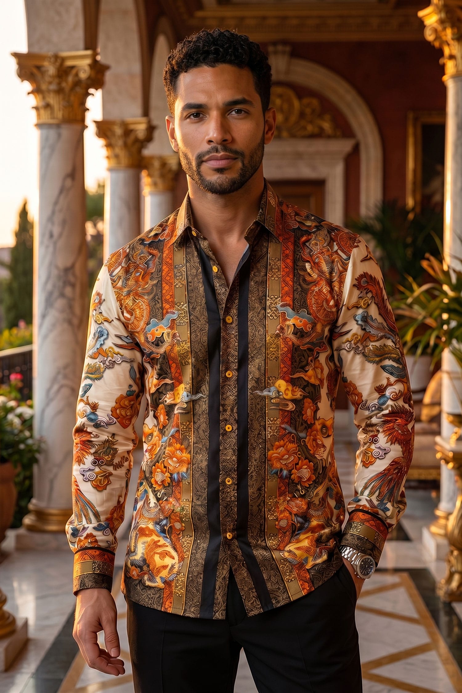 Barabas Men's Rhinestone Floral Rooster Long Sleeve Shirts 4SPR10 Cream Black