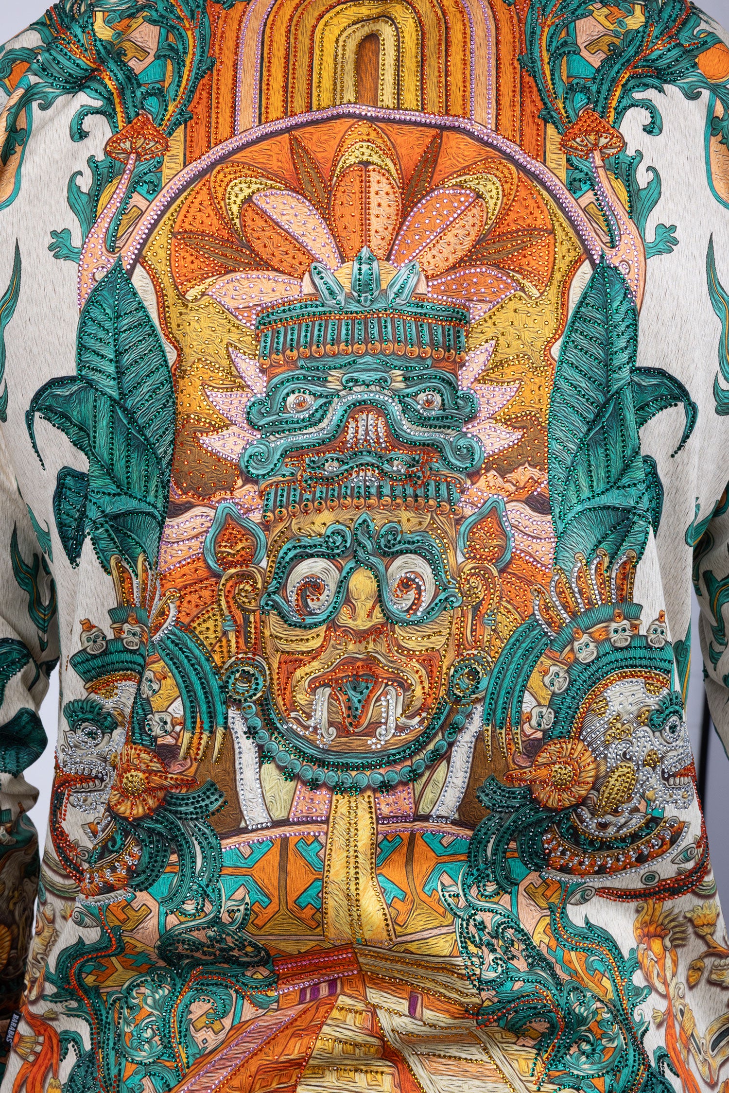 Barabas Men's Rhinestone Floral Dragon Long Sleeve Shirts 4SPR11 Teal
