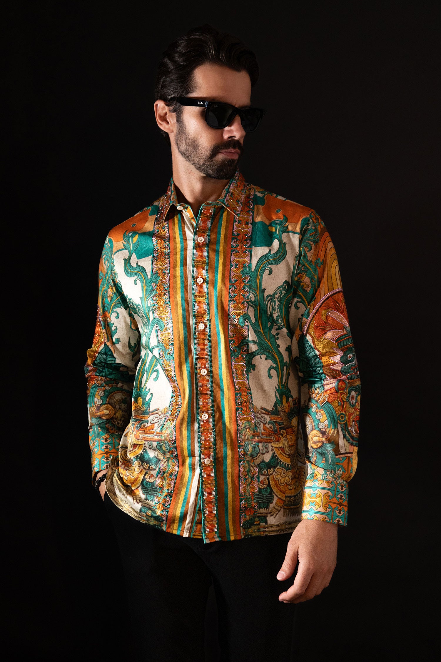 Barabas Men's Rhinestone Floral Dragon Long Sleeve Shirts 4SPR11 Cream Green