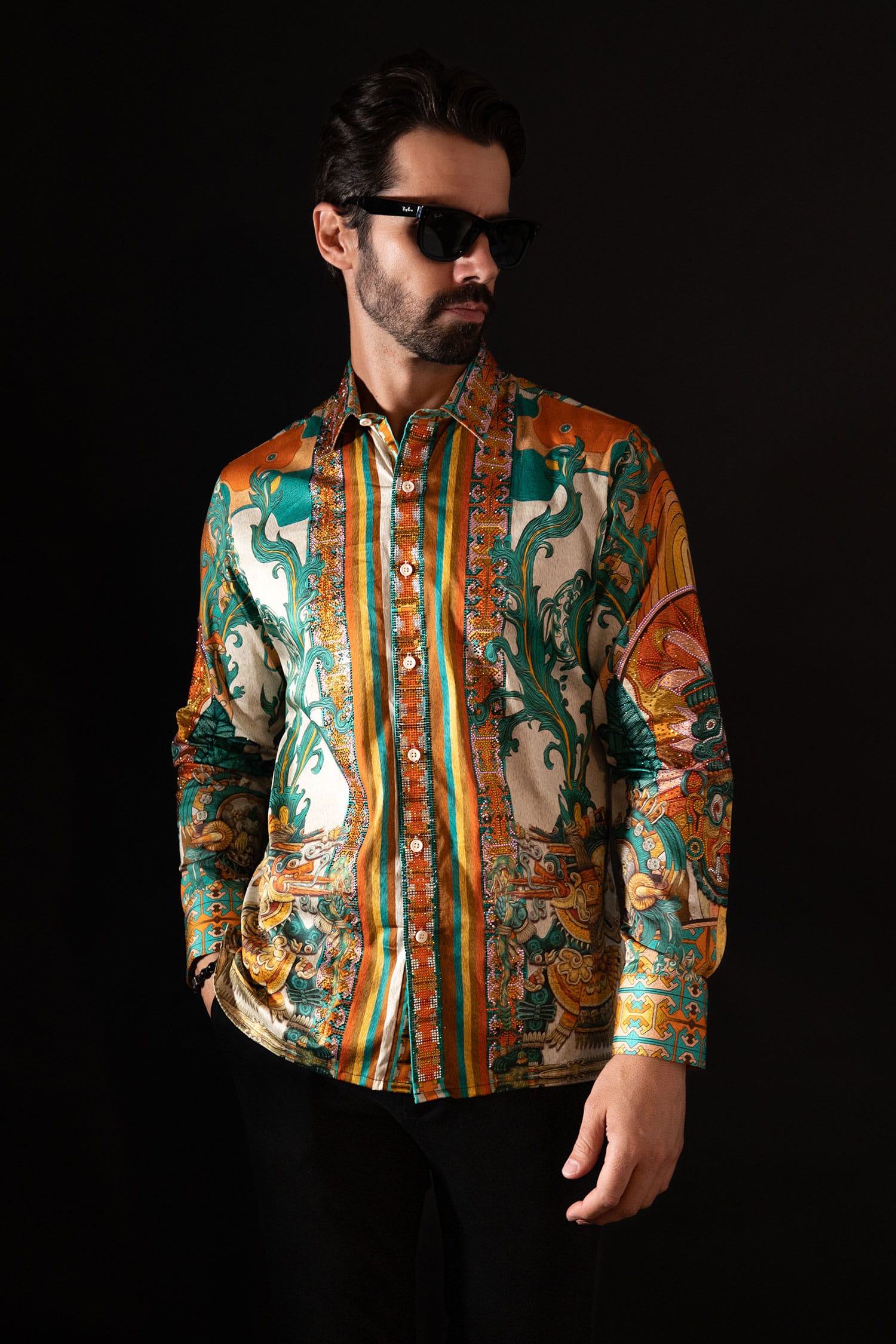 Barabas Men's Rhinestone Floral Dragon Long Sleeve Shirts 4SPR11 Cream Green