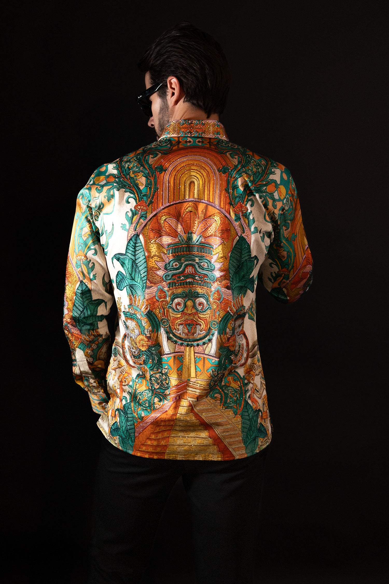 Barabas Men's Rhinestone Floral Dragon Long Sleeve Shirts 4SPR11 Cream