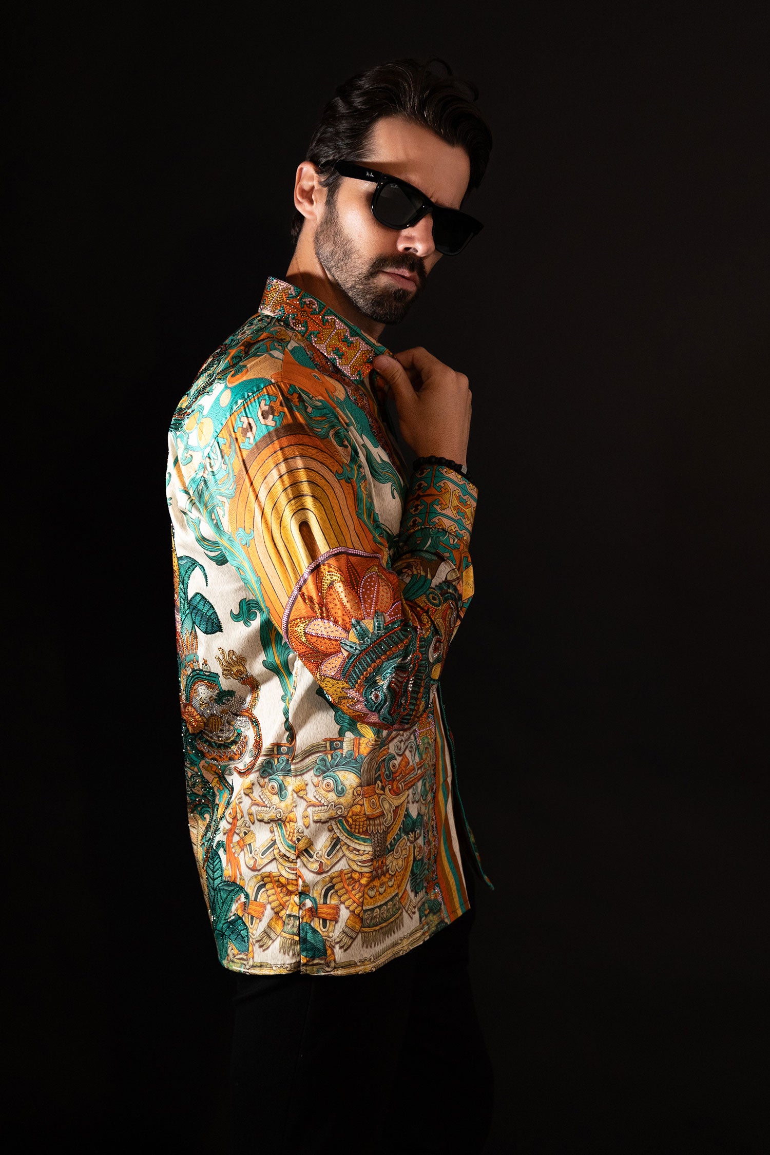 Barabas Men's Rhinestone Floral Dragon Long Sleeve Shirts 4SPR11 orange