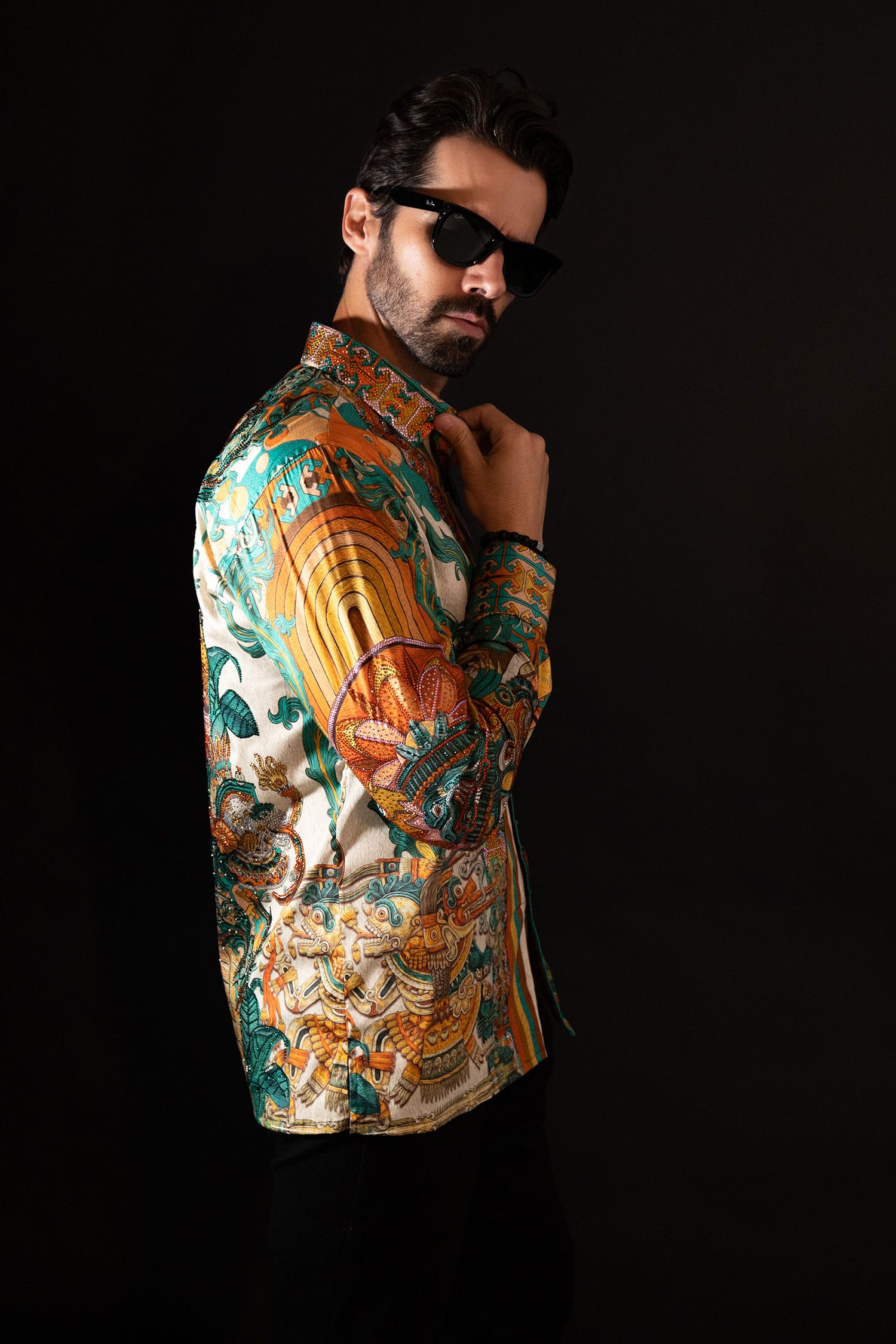 Barabas Men's Rhinestone Floral Dragon Long Sleeve Shirts 4SPR11 orange
