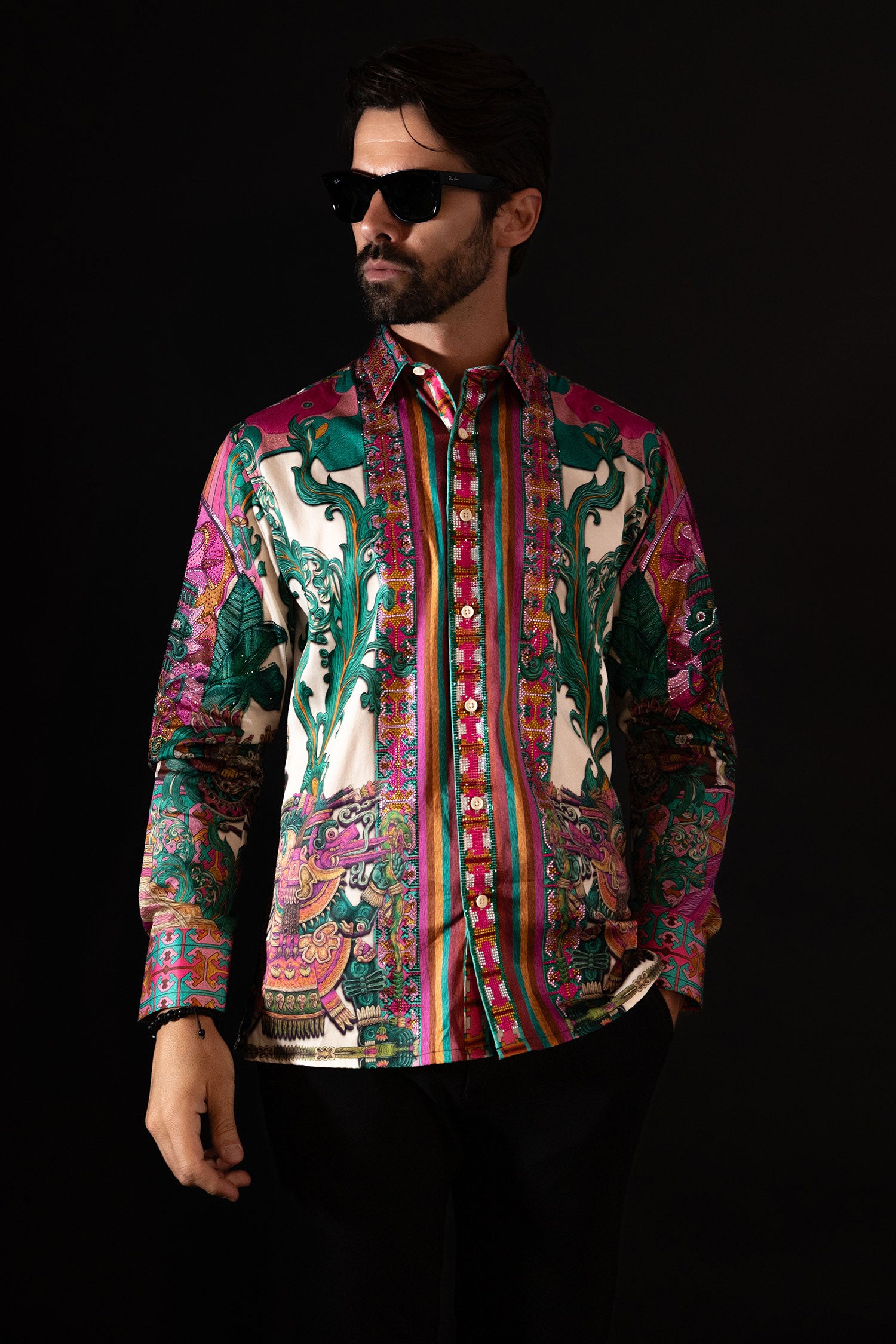 Barabas Men's Rhinestone Floral Dragon Long Sleeve Shirts 4SPR11 Pink