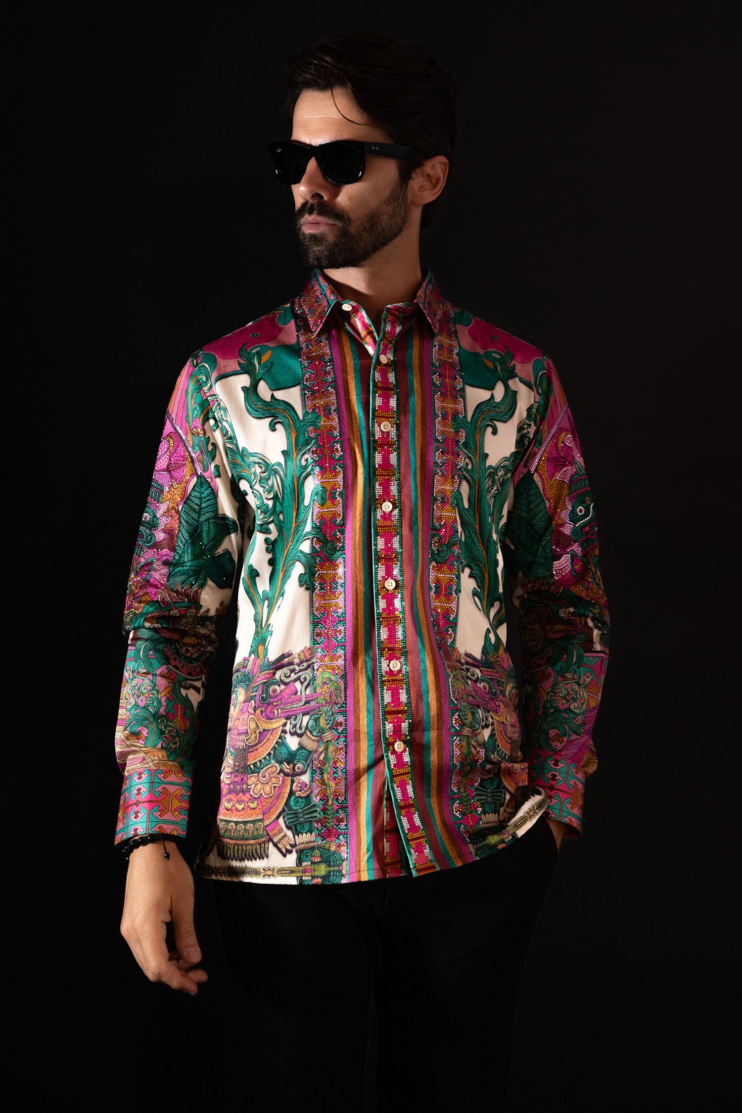 Barabas Men's Rhinestone Floral Dragon Long Sleeve Shirts 4SPR11 Pink