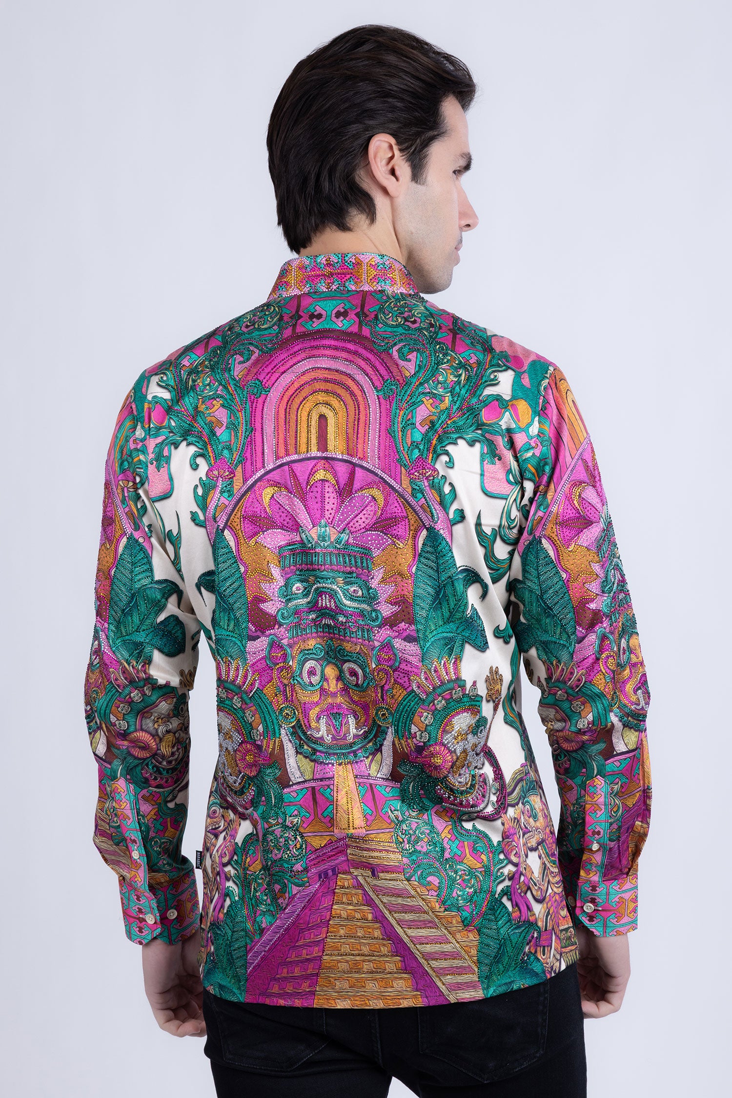 Barabas Men's Rhinestone Floral Dragon Long Sleeve Shirts 4SPR11 Pink