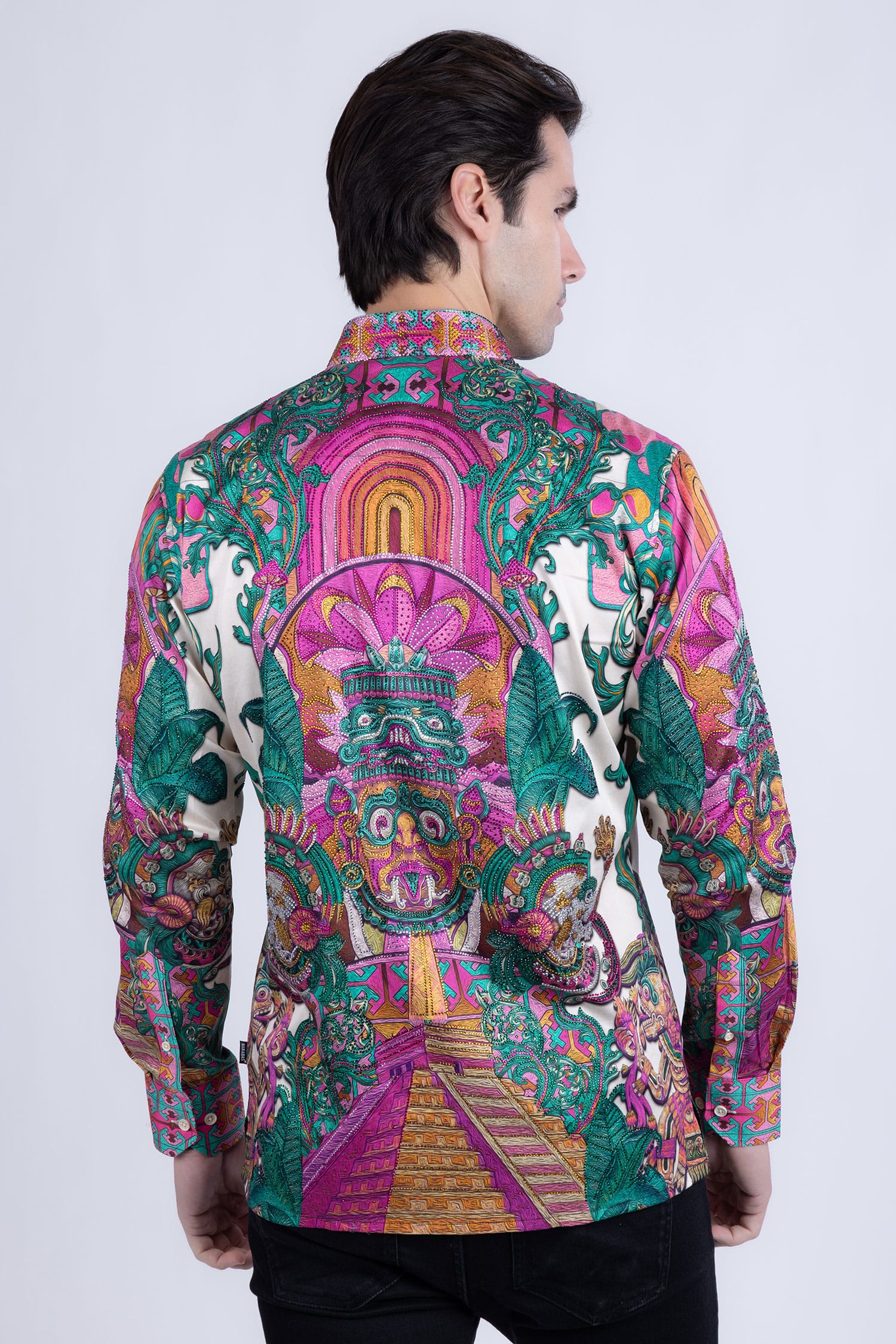 Barabas Men's Rhinestone Floral Dragon Long Sleeve Shirts 4SPR11 Pink
