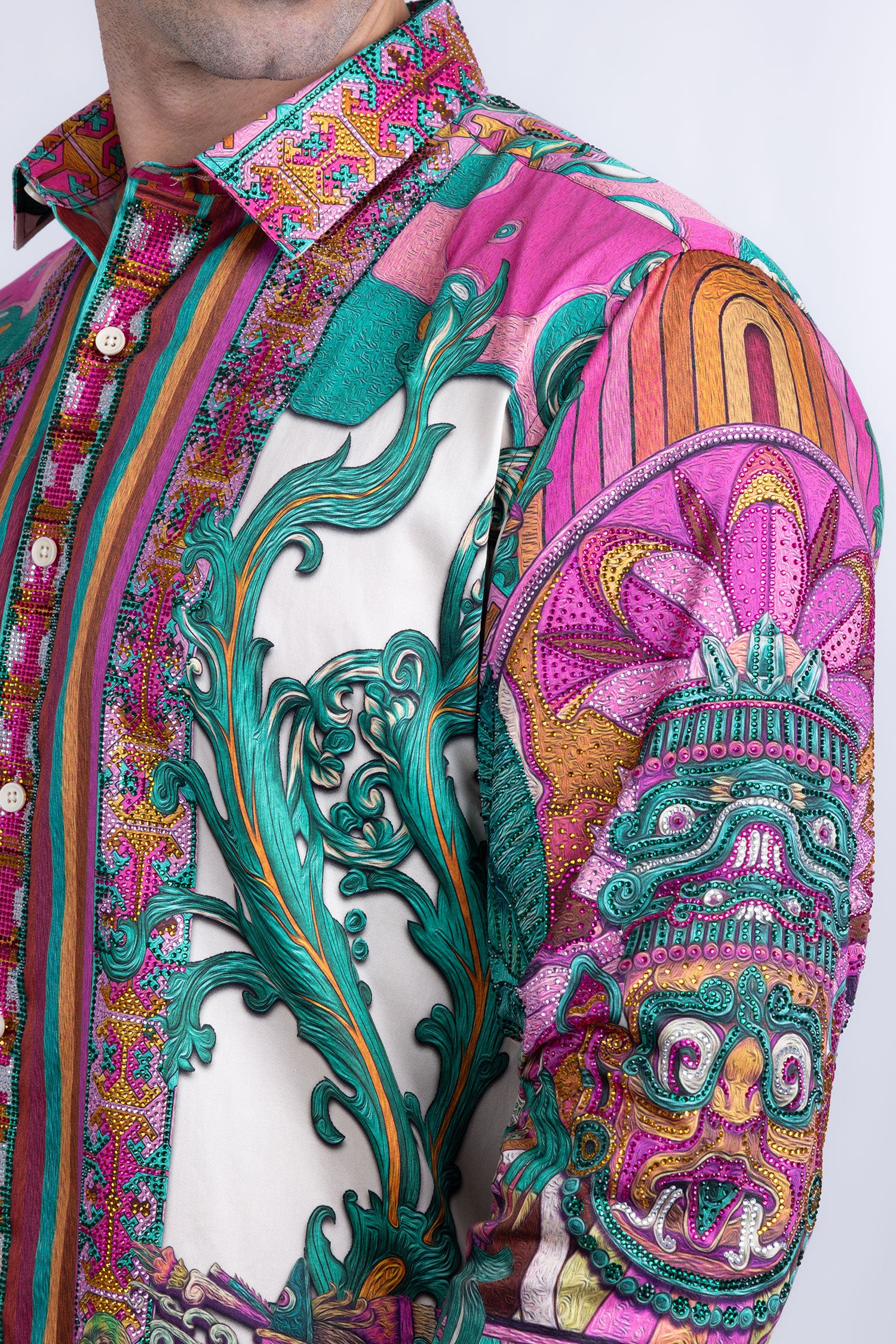Barabas Men's Rhinestone Floral Dragon Long Sleeve Shirts 4SPR11 Pink