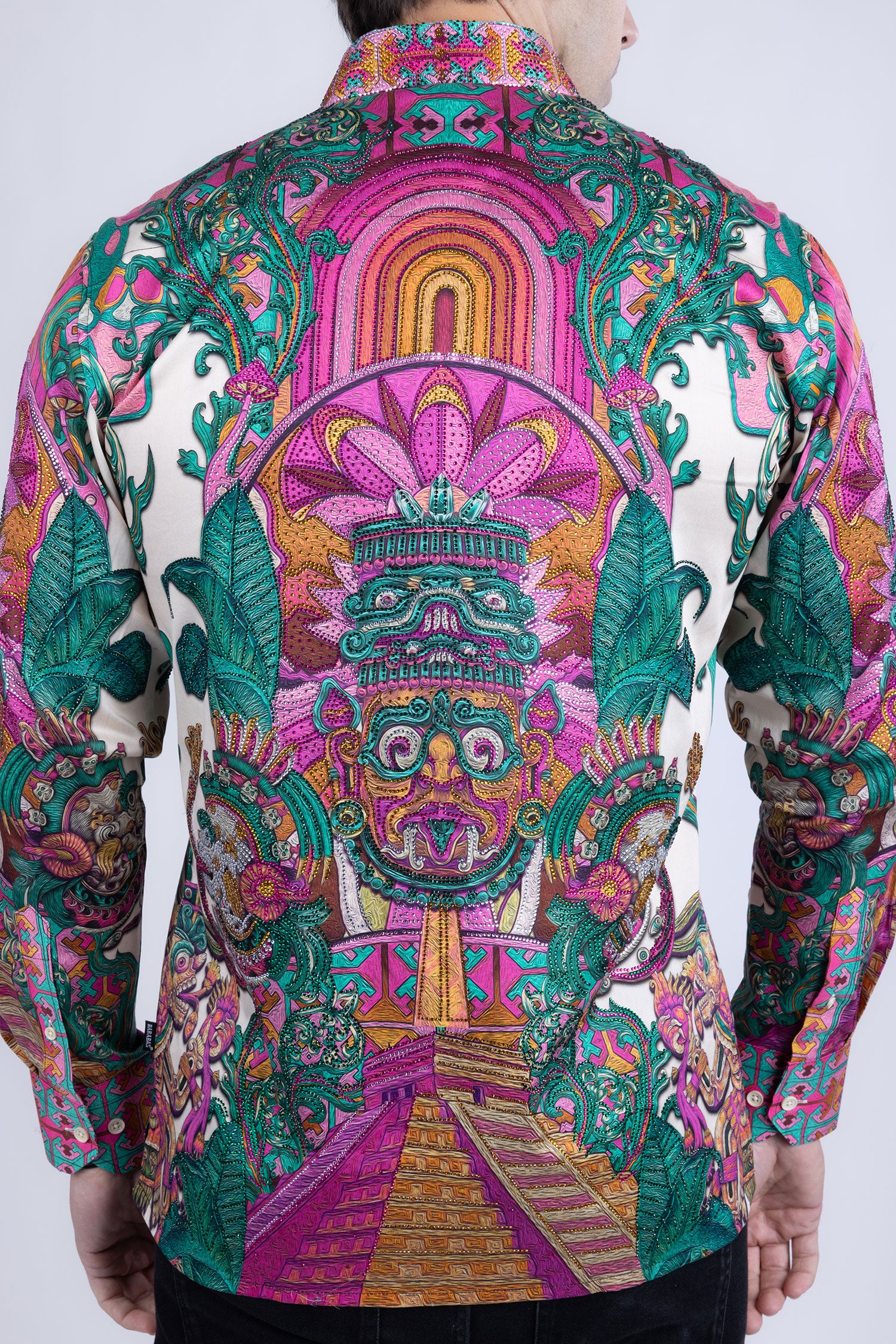 Barabas Men's Rhinestone Floral Dragon Long Sleeve Shirts 4SPR11 Fuchsia