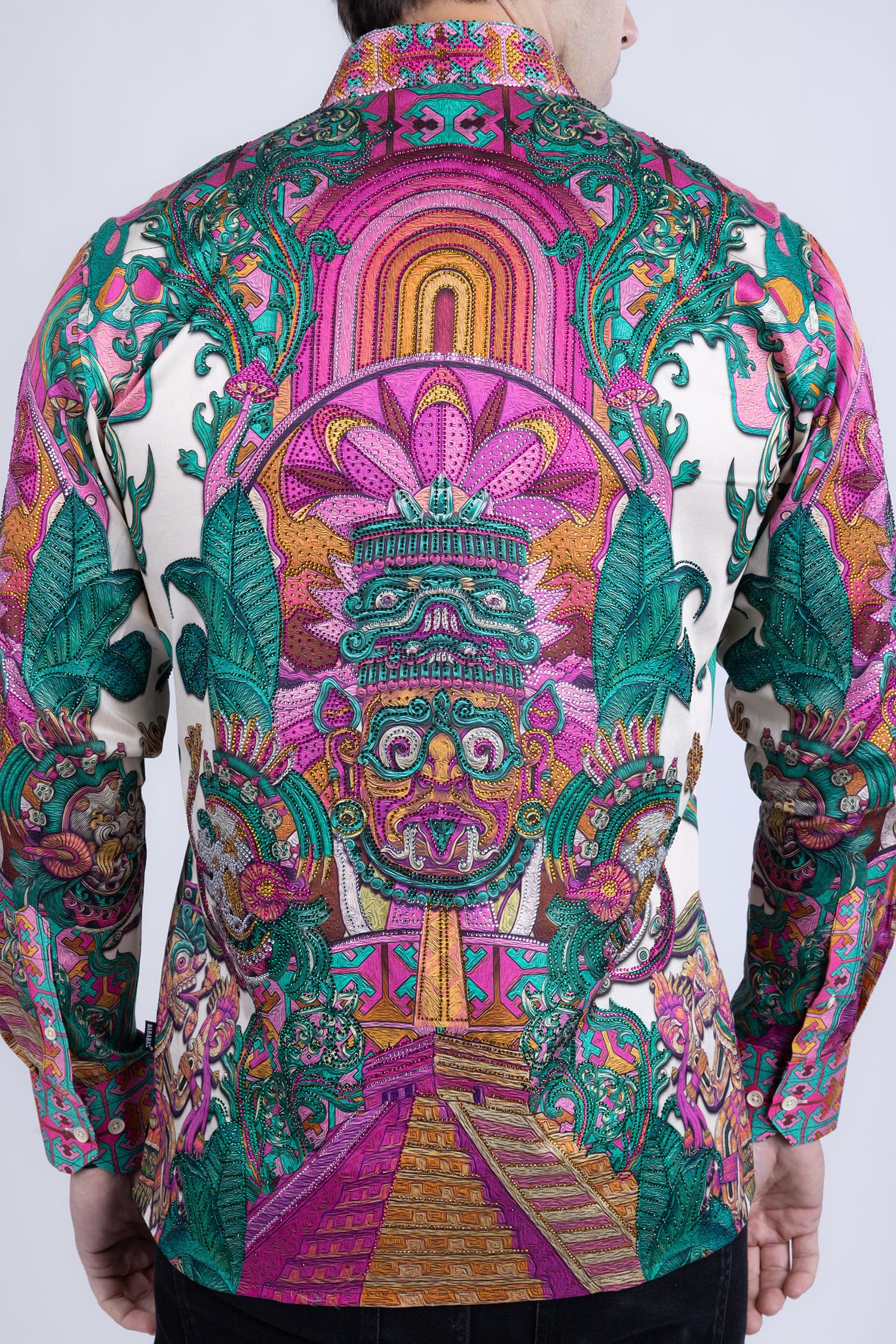 Barabas Men's Rhinestone Floral Dragon Long Sleeve Shirts 4SPR11 Fuchsia