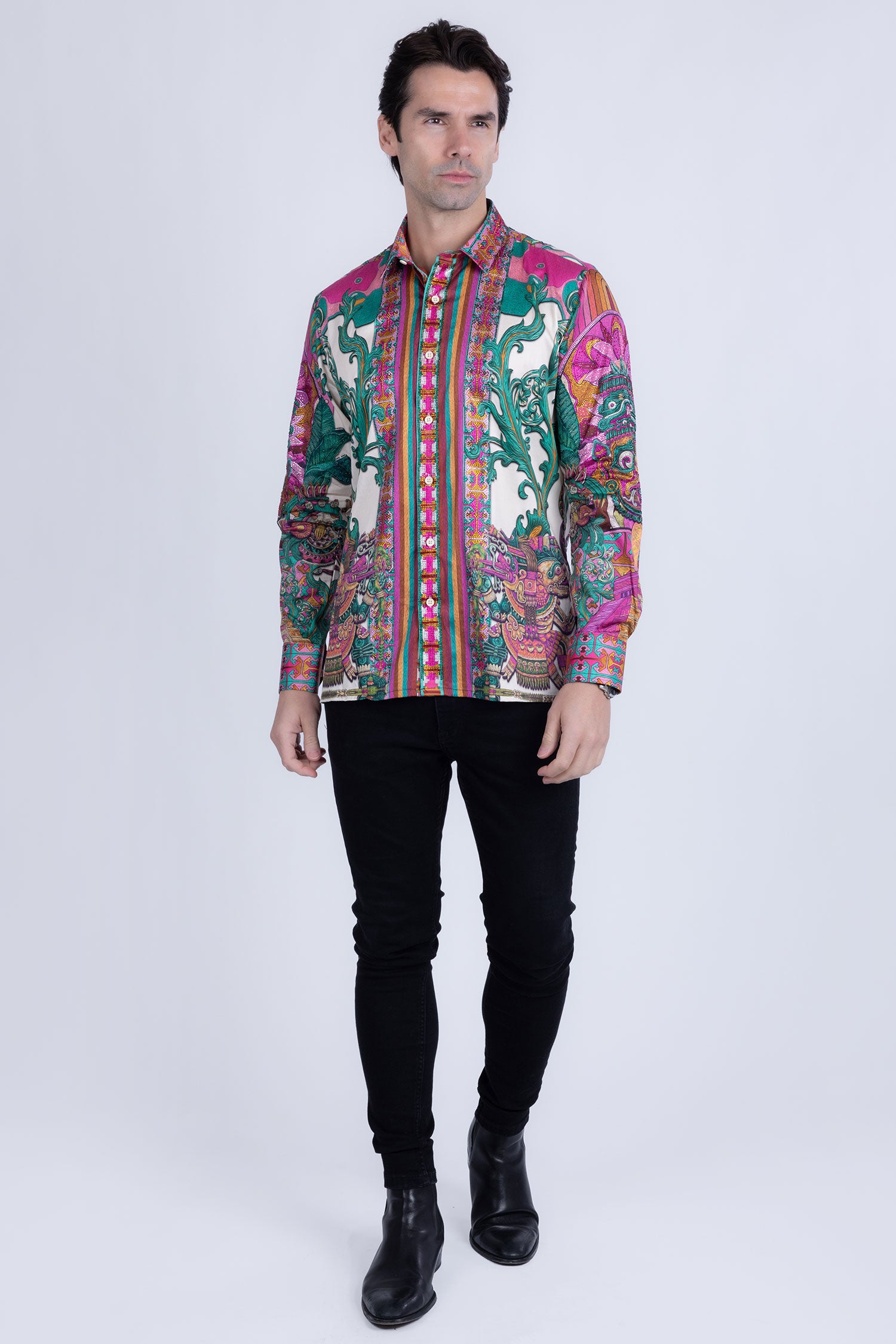 Barabas Men's Rhinestone Floral Dragon Long Sleeve Shirts 4SPR11 Fuchsia