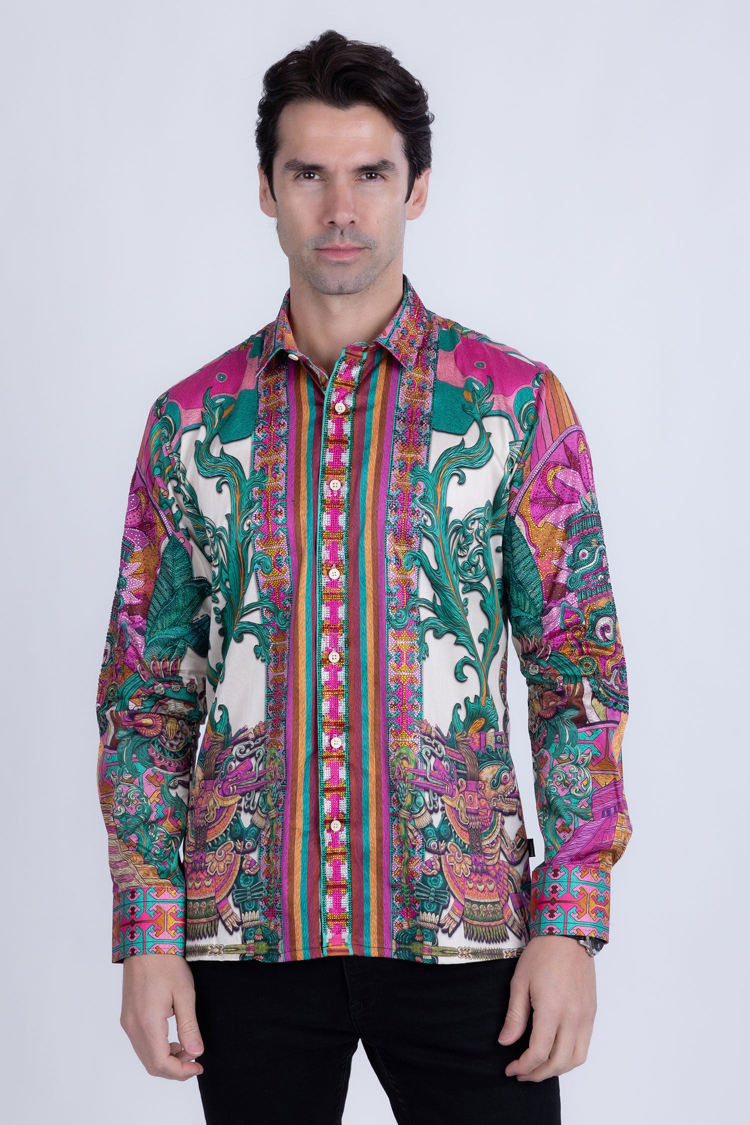 Barabas Men's Rhinestone Floral Dragon Long Sleeve Shirts 4SPR11 Fuchsia