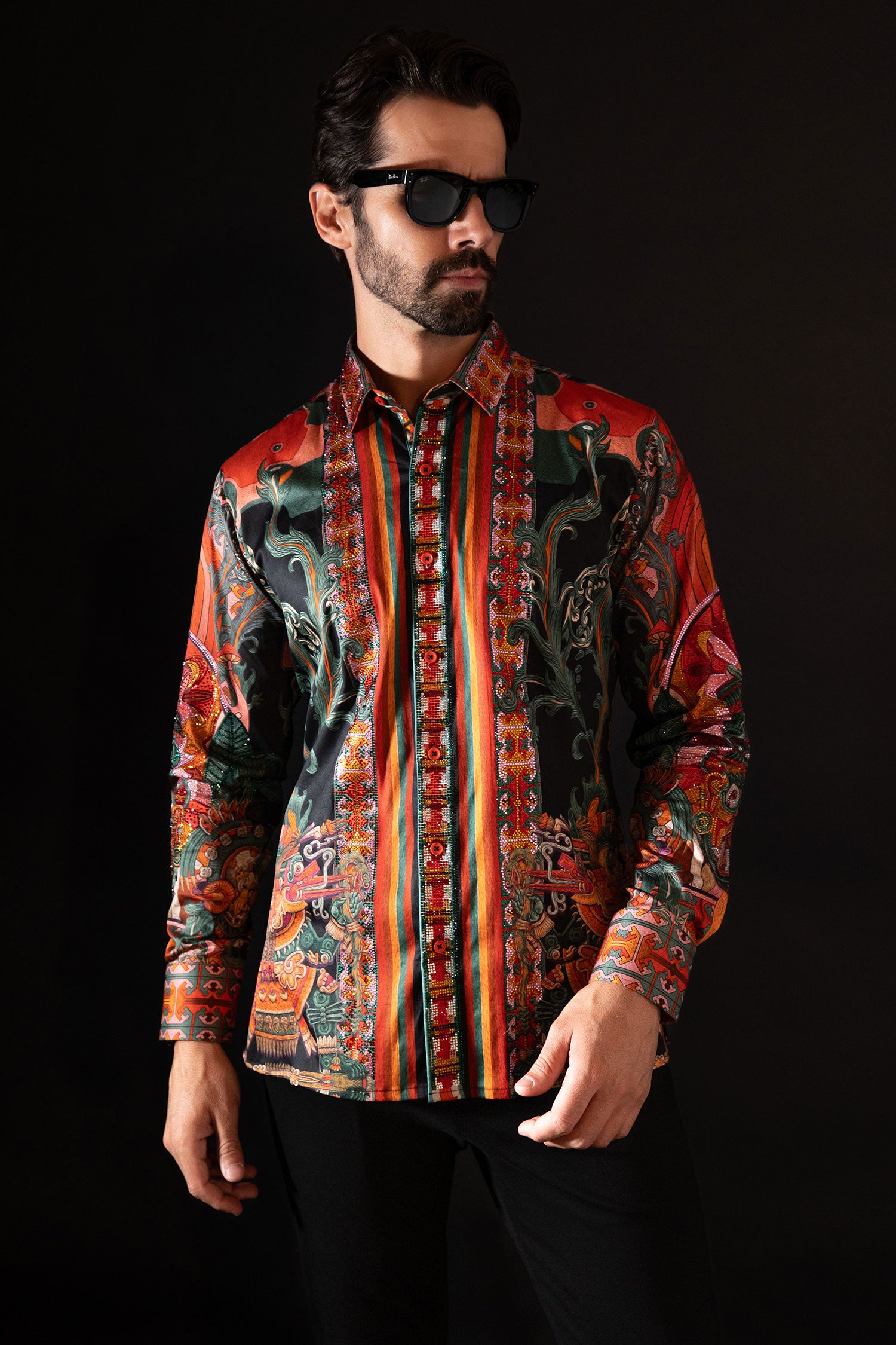 Barabas Men's Rhinestone Floral Dragon Long Sleeve Shirts 4SPR11 orange