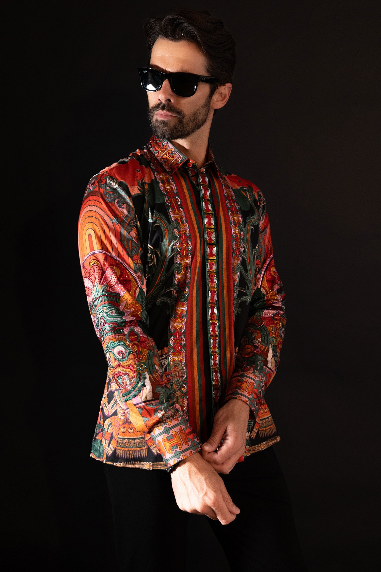 Barabas Men's Rhinestone Floral Dragon Long Sleeve Shirts 4SPR11 Orange