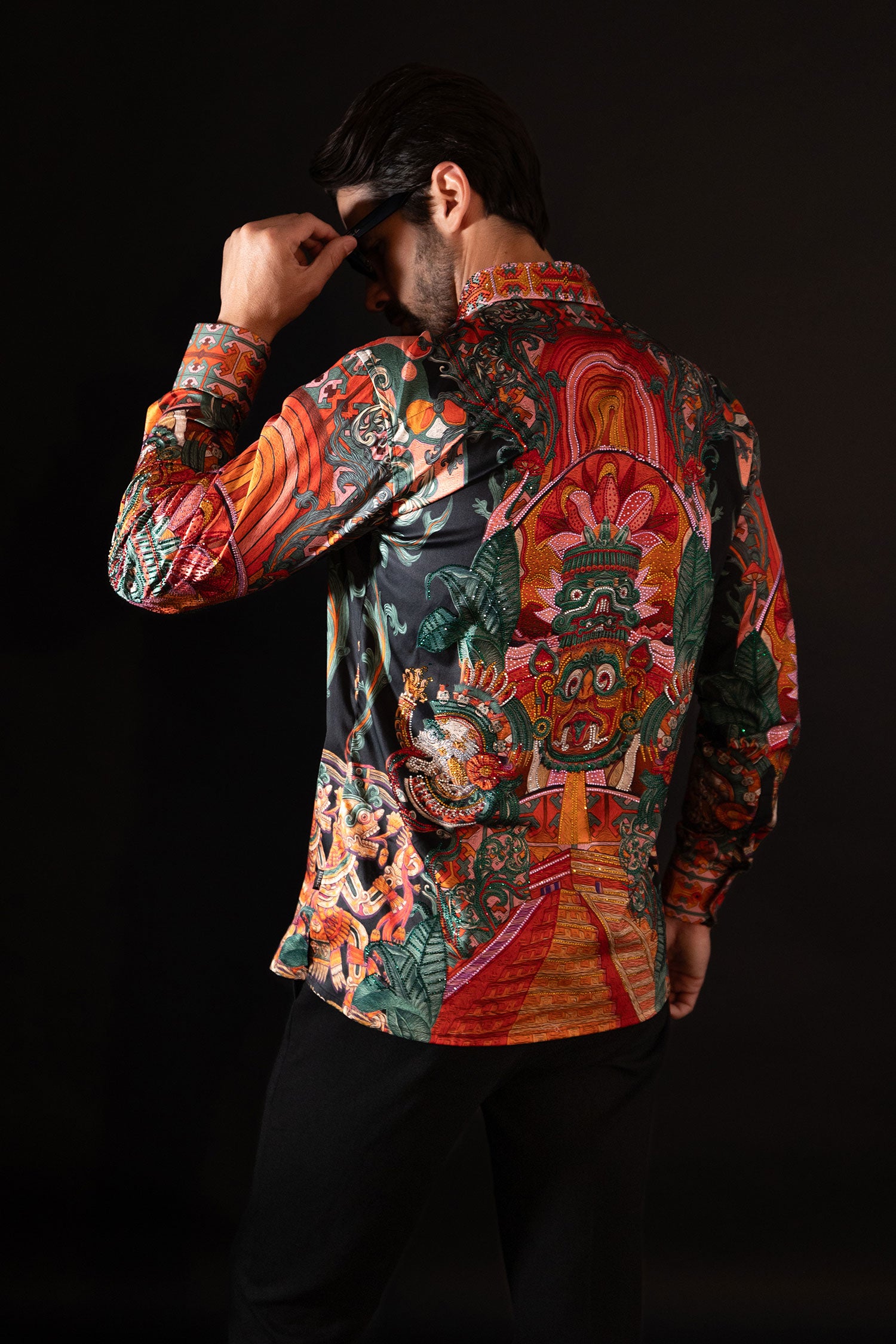 Barabas Men's Rhinestone Floral Dragon Long Sleeve Shirts 4SPR11 Red