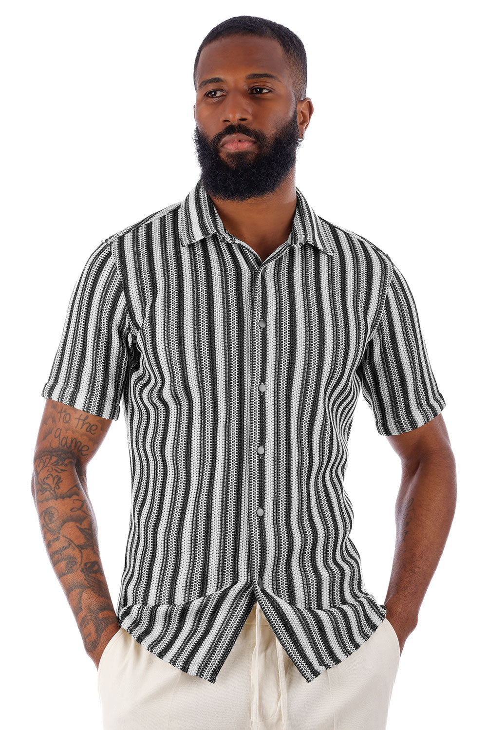 BARABAS Men's Knit Striped Crochet Knitted Short Sleeve Shirts 4SST01 White Black