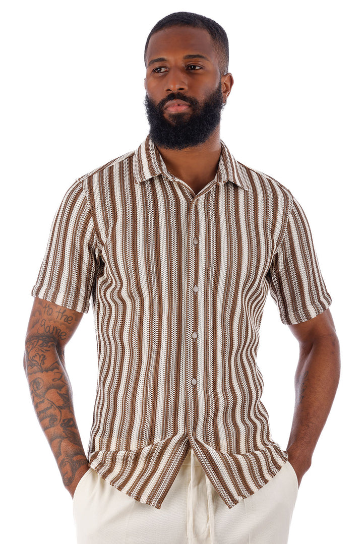 BARABAS Men's Knit Striped Crochet Knitted Short Sleeve Shirts 4SST01 White Brown