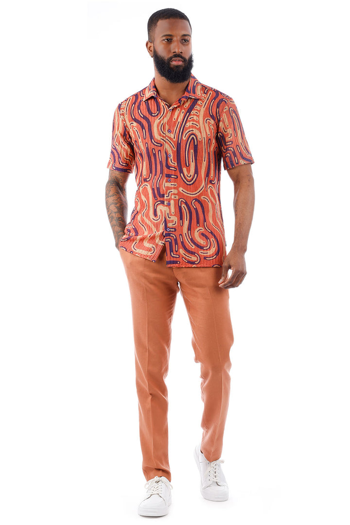 BARABAS Men's Knitted Crochet Button Down Short Sleeve Shirts 4SST02 Purple Orange