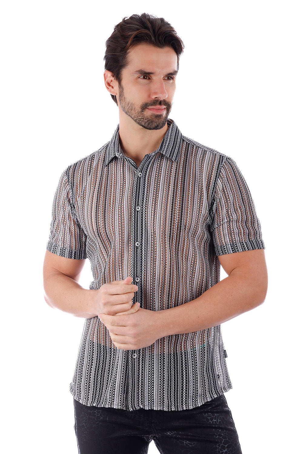 BARABAS Men's Knit Stretch Button Down Short Sleeve Shirts 4SST03 Grey