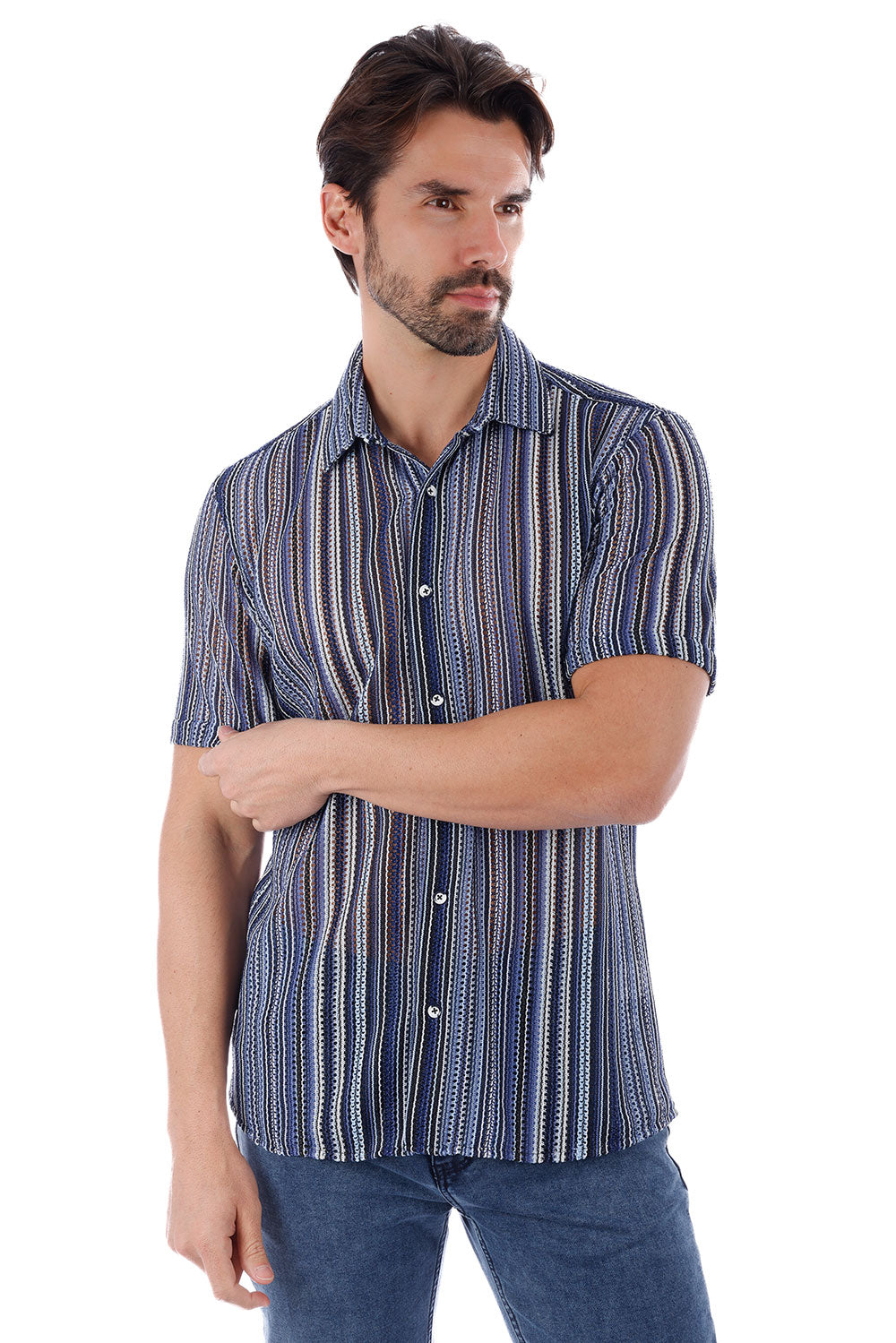 BARABAS Men's Knit Stretch Button Down Short Sleeve Shirts 4SST03 Navy