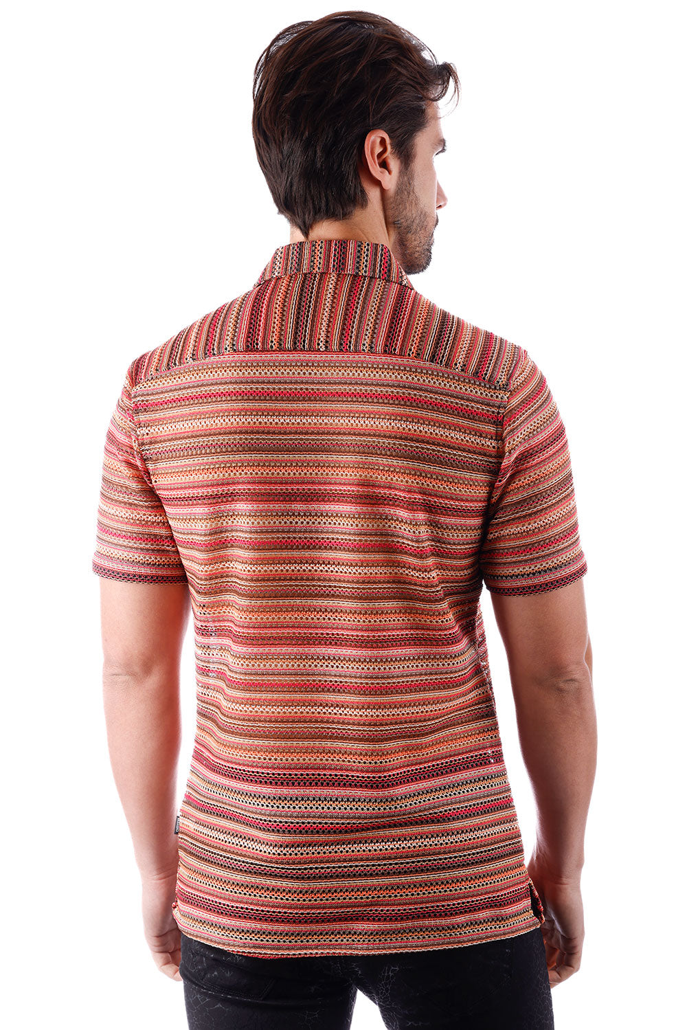 BARABAS Men's knitted Crochet Stripped Short Sleeve Shirts 4SST04 Orange