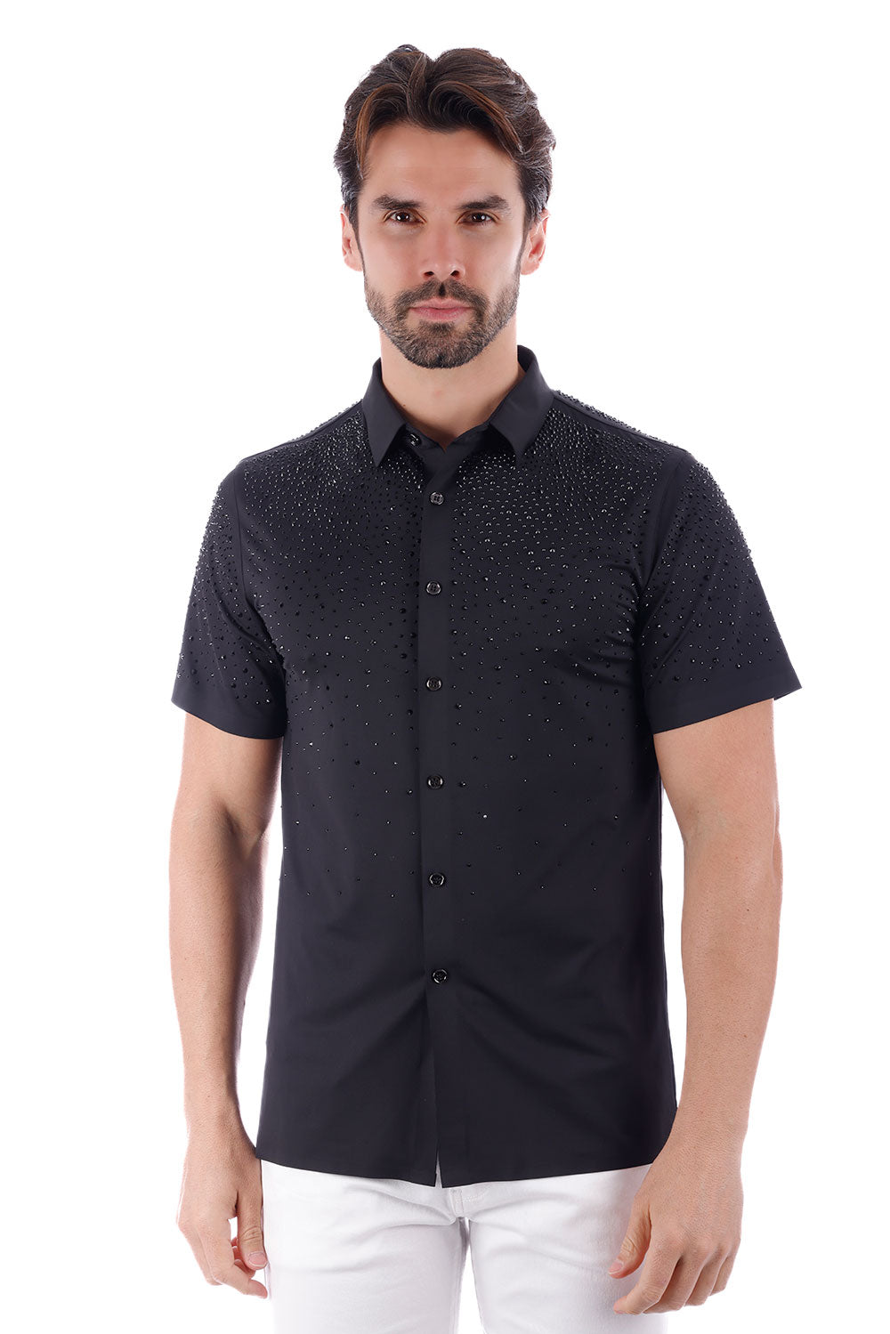 Barabas Men's Rhinestones Button Down Short Sleeve Shirts 4SST06 Black