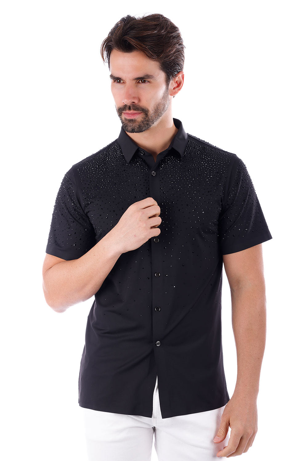 Barabas Men's Rhinestones Button Down Short Sleeve Shirts 4SST06 Black