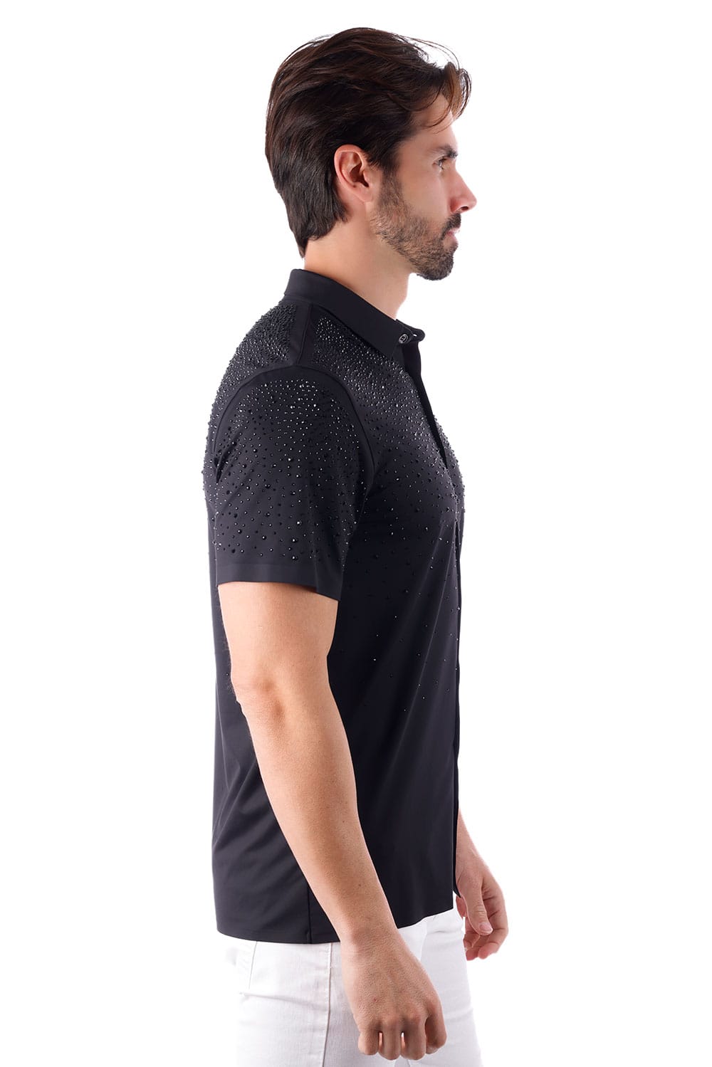 Barabas Men's Rhinestones Button Down Short Sleeve Shirts 4SST06 Black