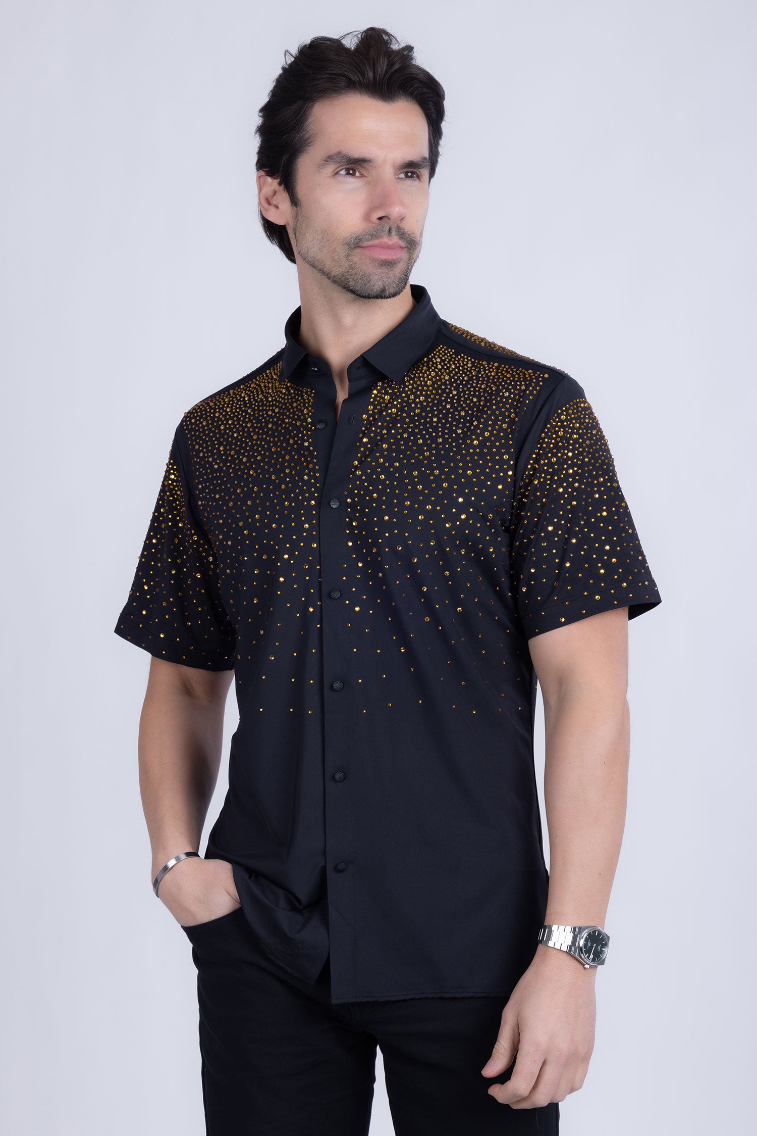 BARABAS Men's Rhinestones Button Down Short Sleeve Shirts 4SST06 Gold Black