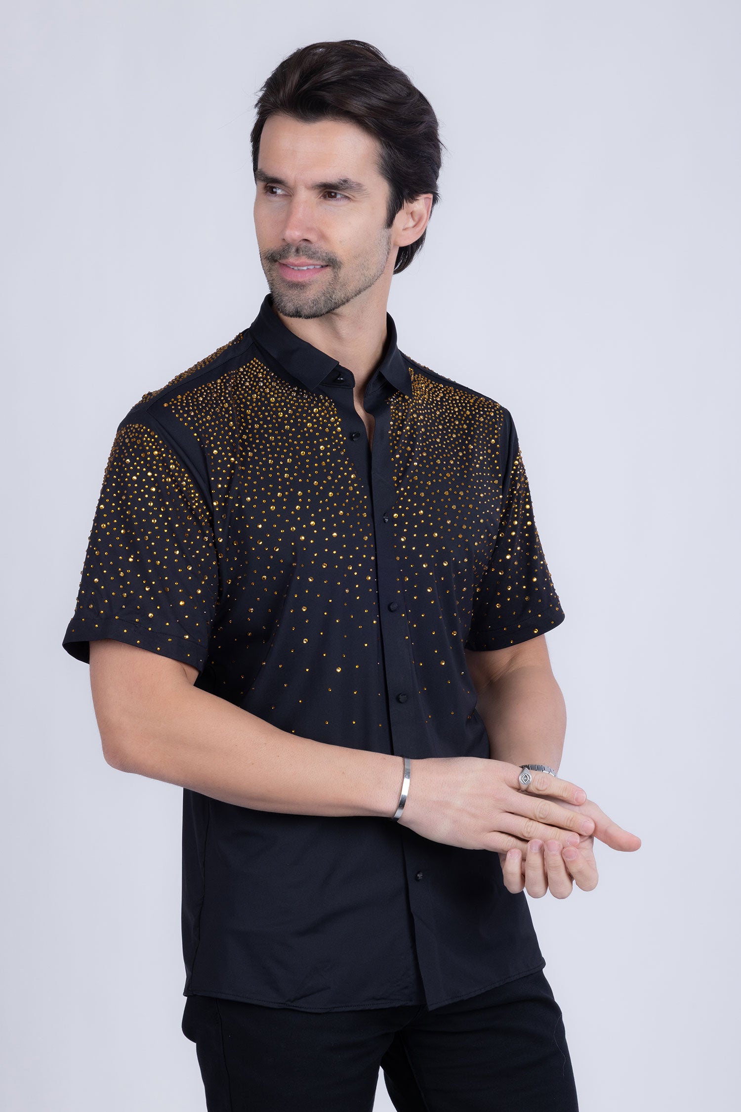 BARABAS Men's Rhinestones Button Down Short Sleeve Shirts 4SST06 Black Gold