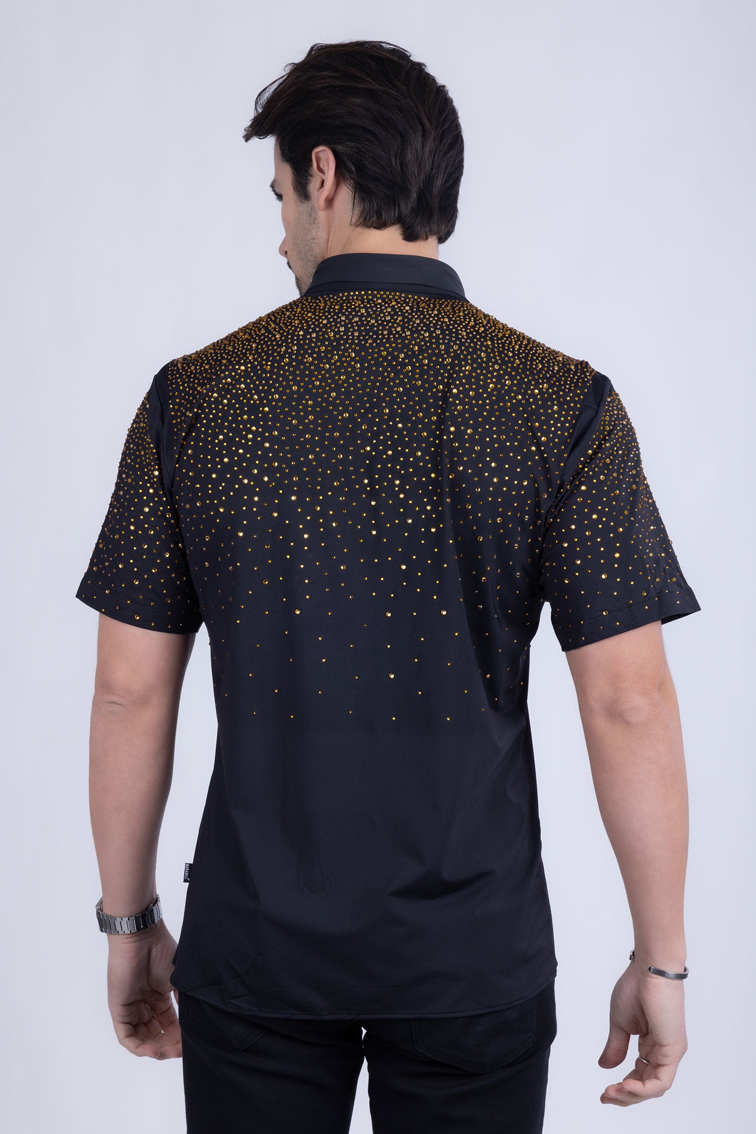 BARABAS Men's Rhinestones Button Down Short Sleeve Shirts 4SST06 Black Gold