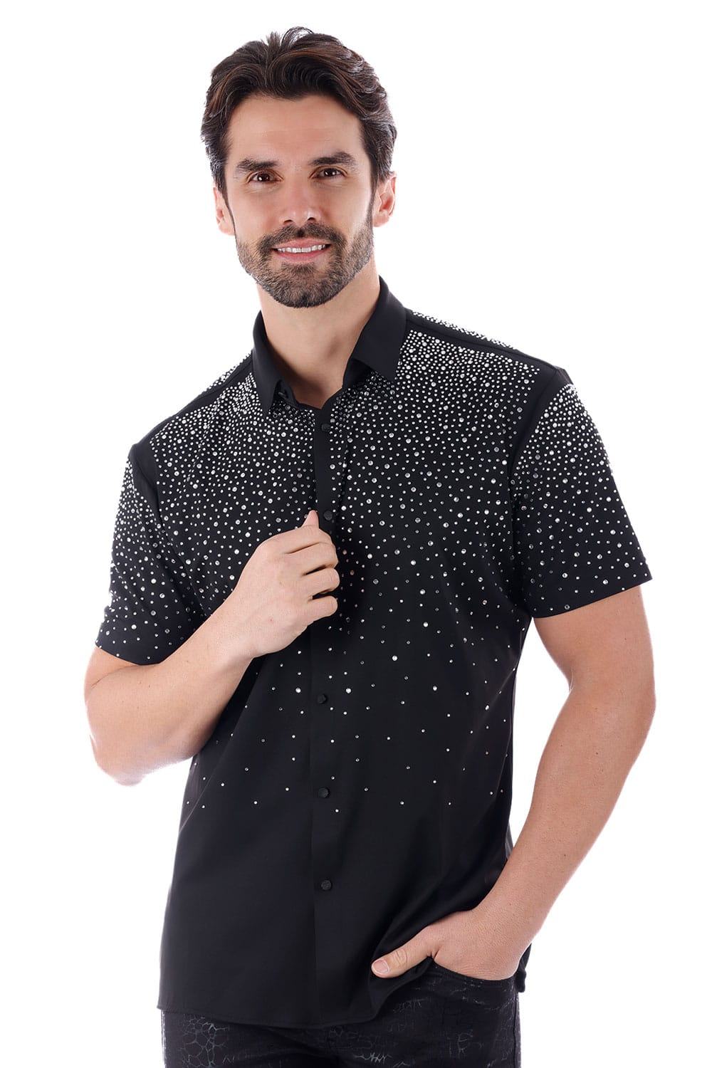 Barabas Men's Rhinestones Button Down Short Sleeve Shirts 4SST06 Black Silver