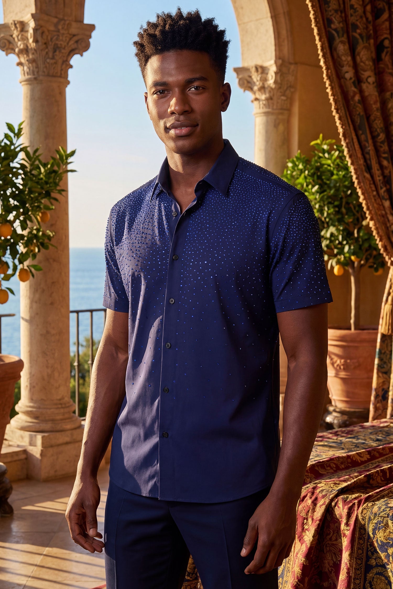 Barabas Men's Rhinestones Button Down Short Sleeve Shirts 4SST06 Navy Blue