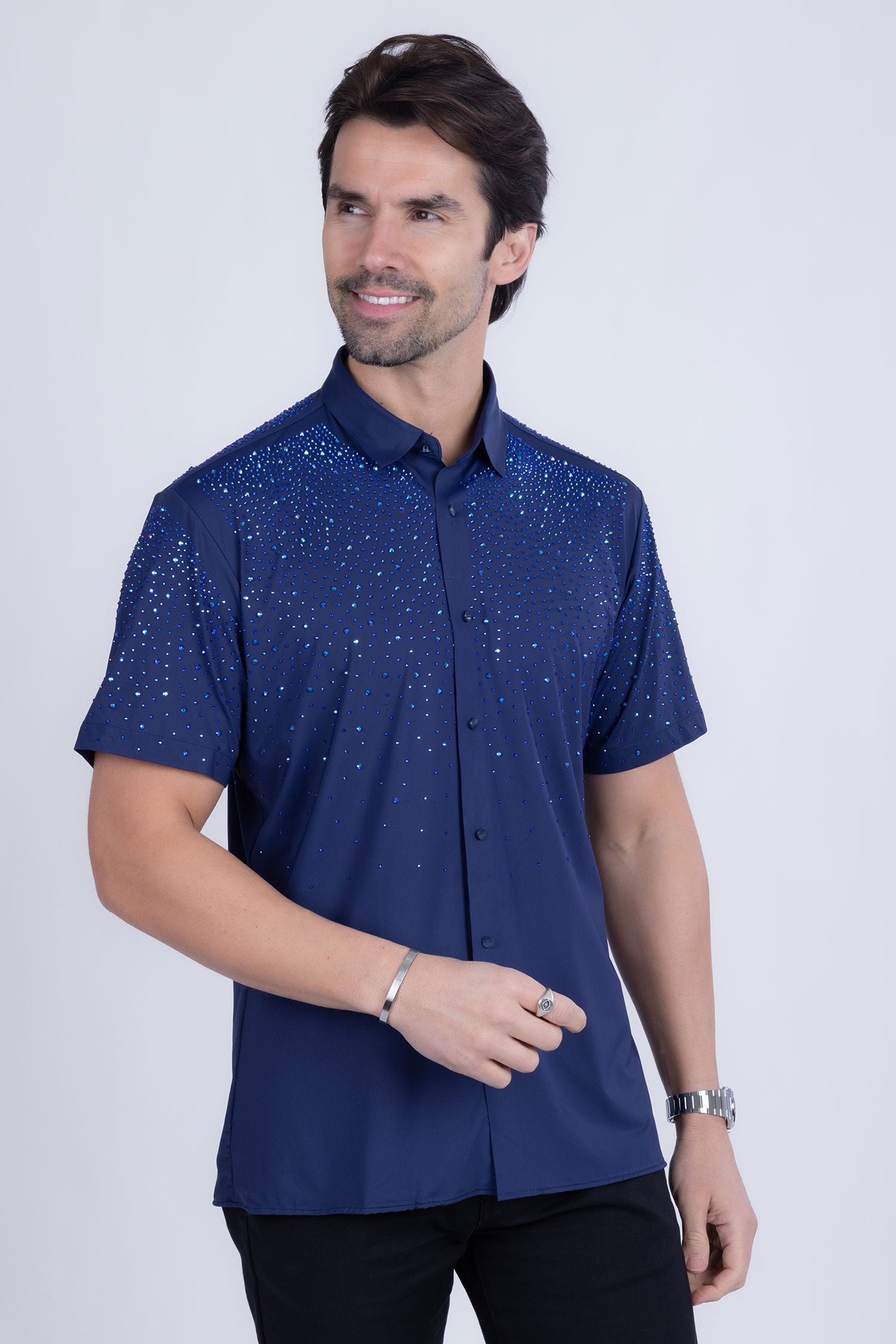 BARABAS Men's Rhinestones Button Down Short Sleeve Shirts 4SST06 Navy Blue
