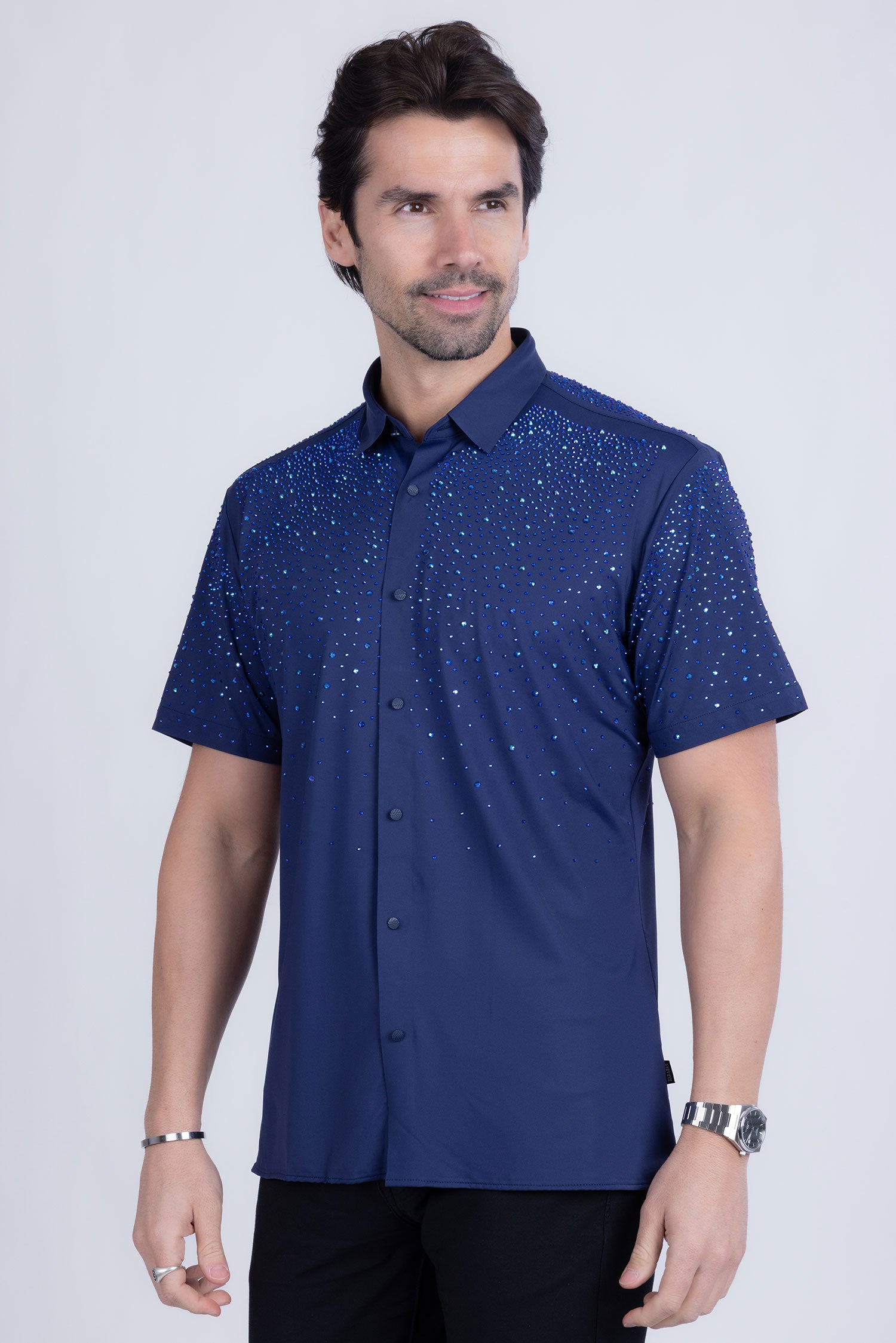 BARABAS Men's Rhinestones Button Down Short Sleeve Shirts 4SST06 Navy Blue