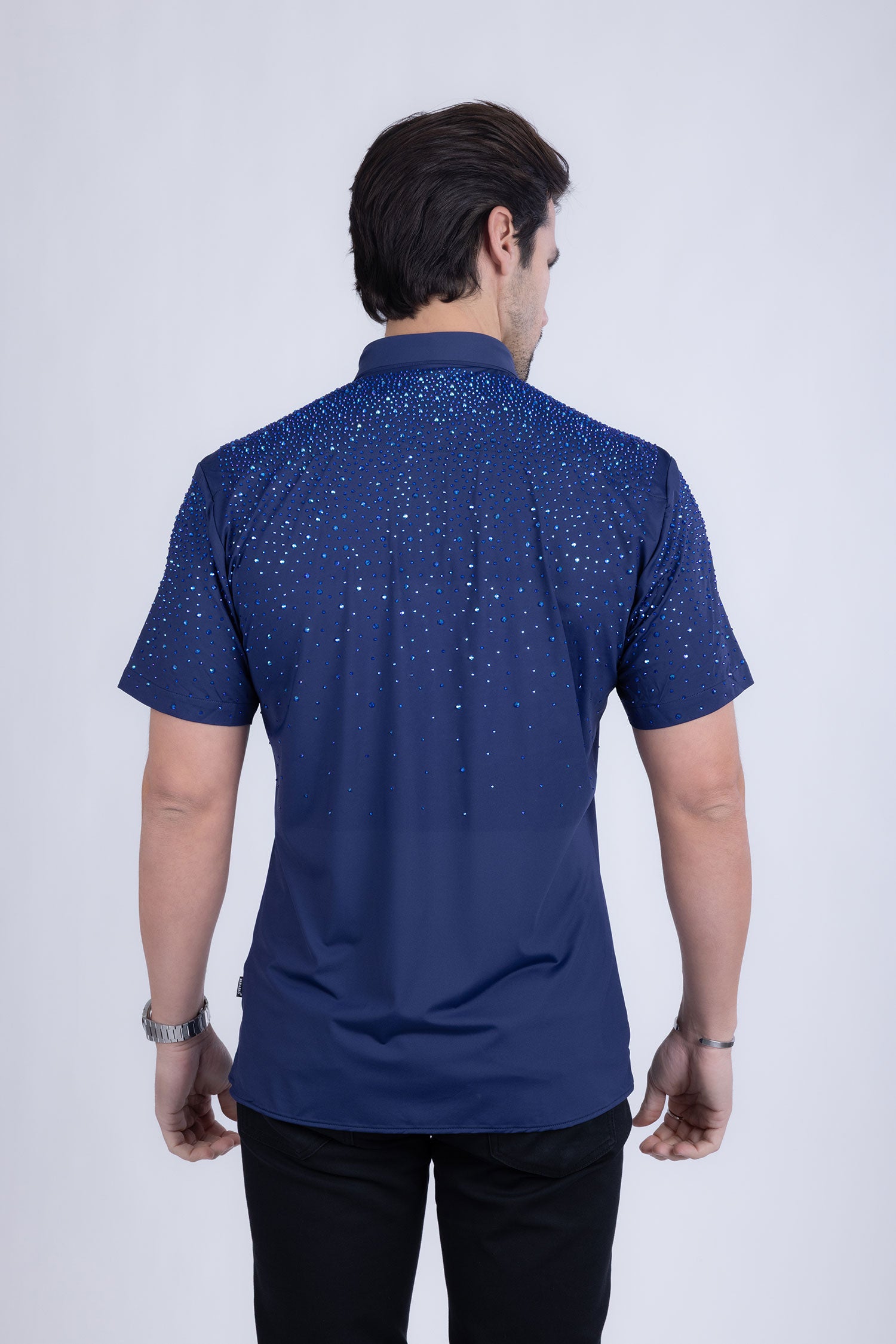 BARABAS Men's Rhinestones Button Down Short Sleeve Shirts 4SST06 Navy Blue