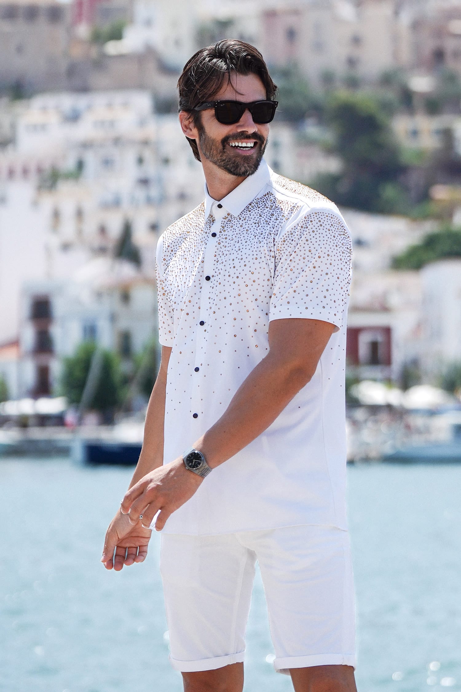 Barabas Men's Rhinestones Button Down Short Sleeve Shirts 4SST06 White Gold