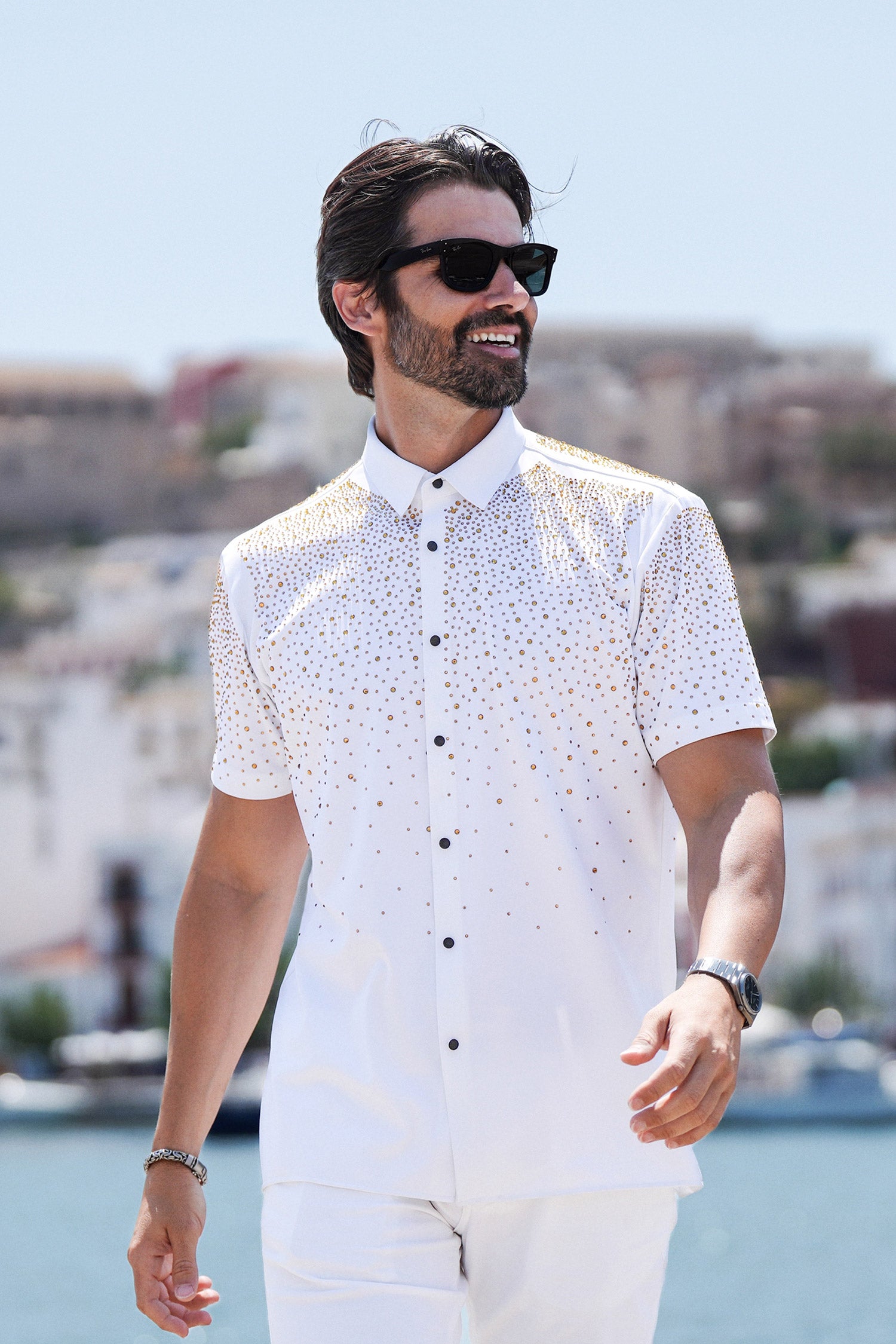 Barabas Men's Rhinestones Button Down Short Sleeve Shirts 4SST06 White Gold