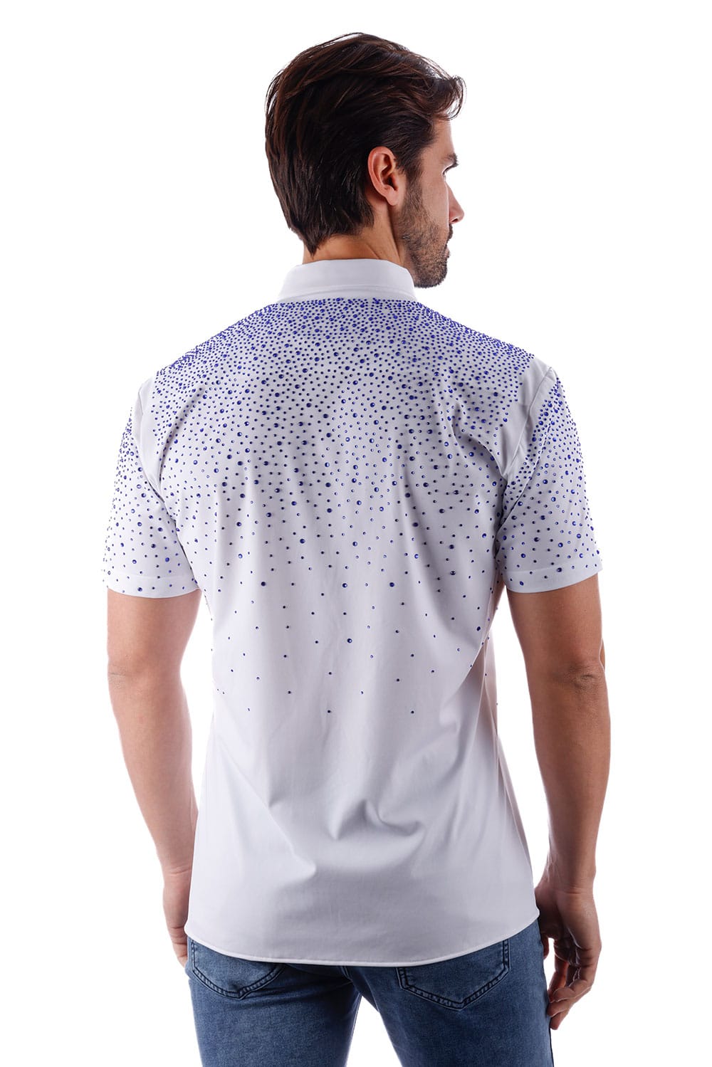 Barabas Men's Rhinestones Button Down Short Sleeve Shirts 4SST06 White Blue