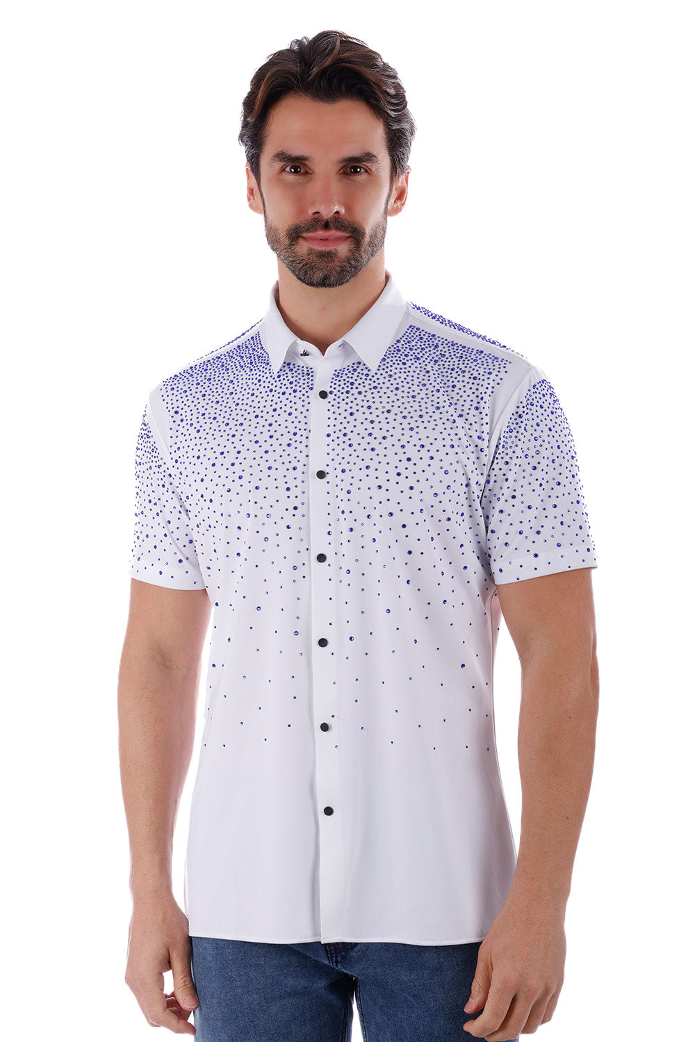 Barabas Men's Rhinestones Button Down Short Sleeve Shirts 4SST06 White Blue