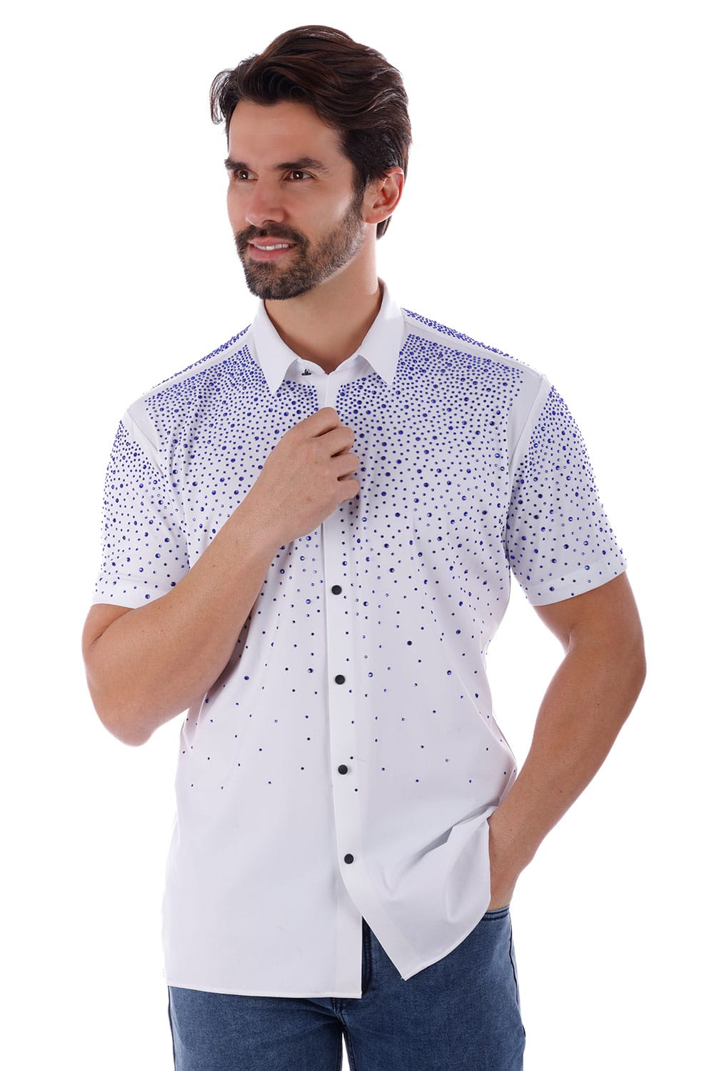 Barabas Men's Rhinestones Button Down Short Sleeve Shirts 4SST06 White Blue