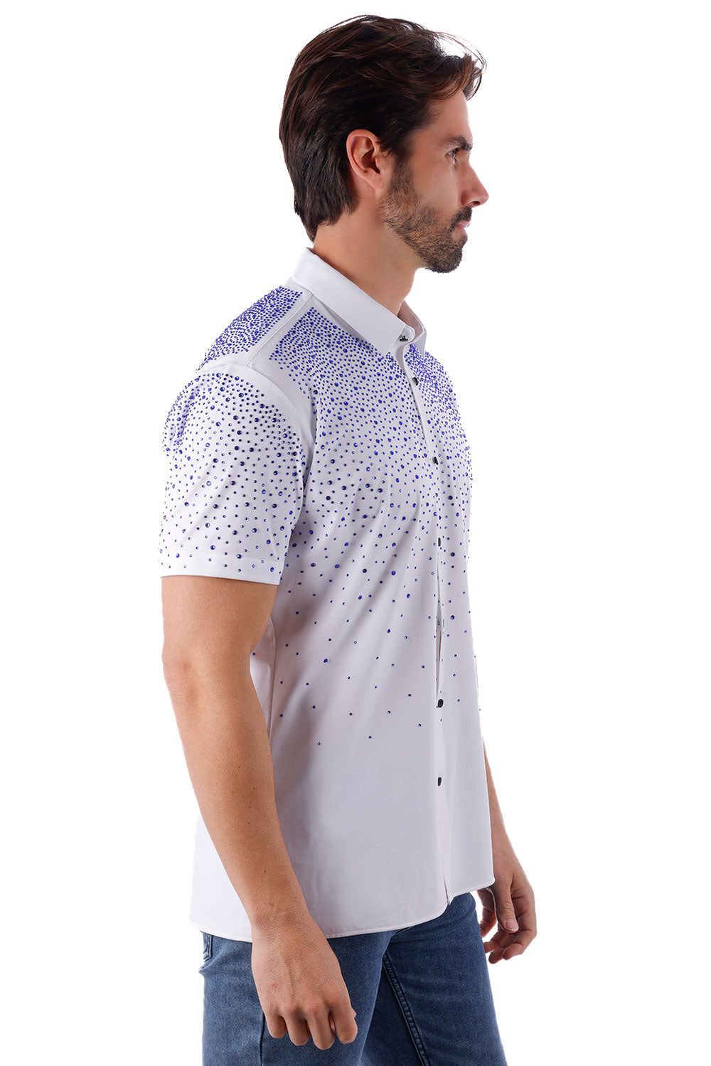 Barabas Men's Rhinestones Button Down Short Sleeve Shirts 4SST06 White Blue