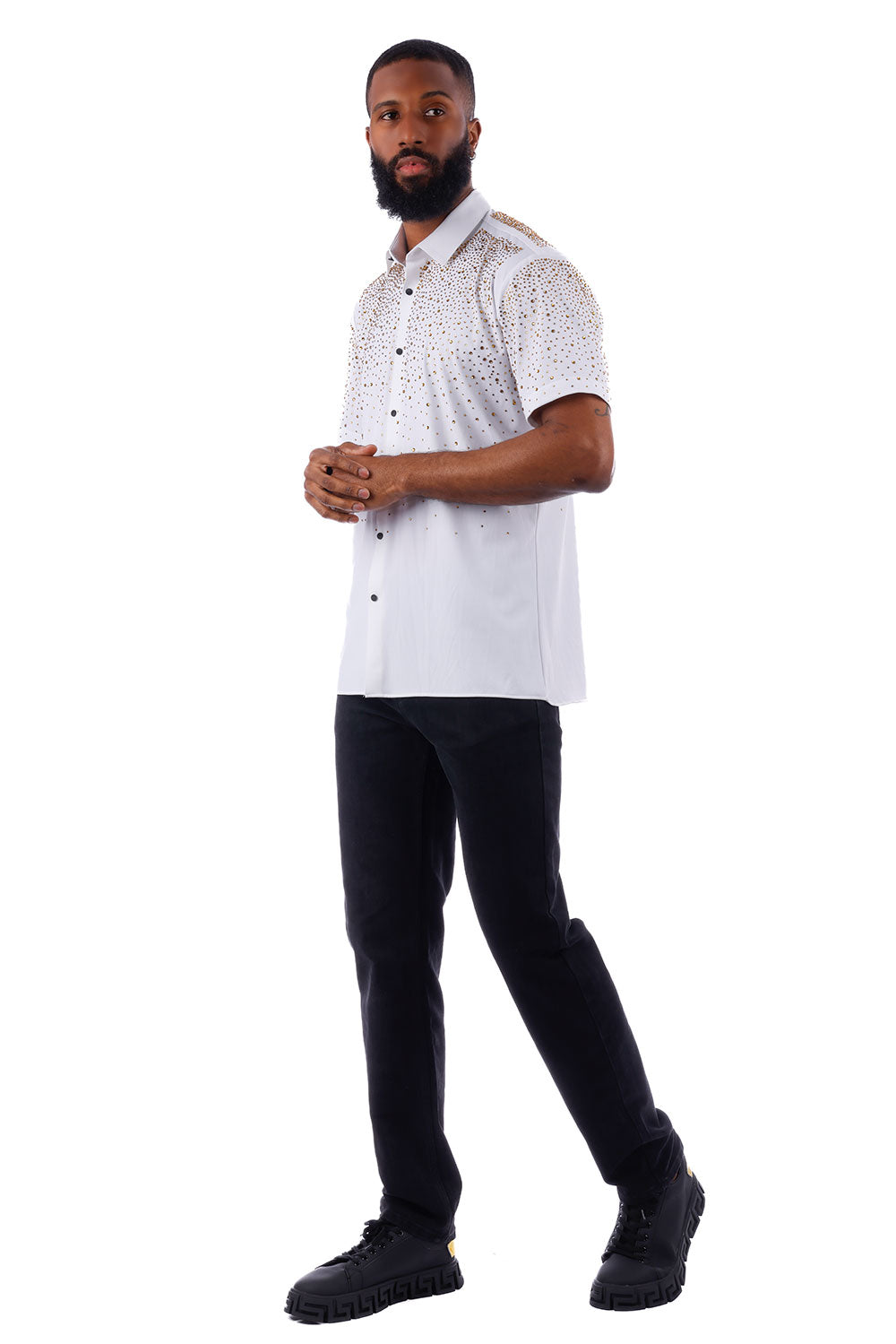 Barabas Men's Rhinestones Button Down Short Sleeve Shirts 4SST06 White Gold