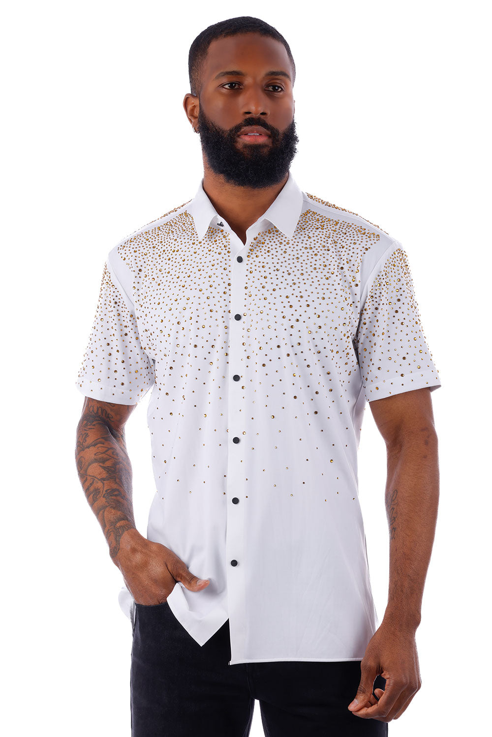 Barabas Men's Rhinestones Button Down Short Sleeve Shirts 4SST06 White Gold