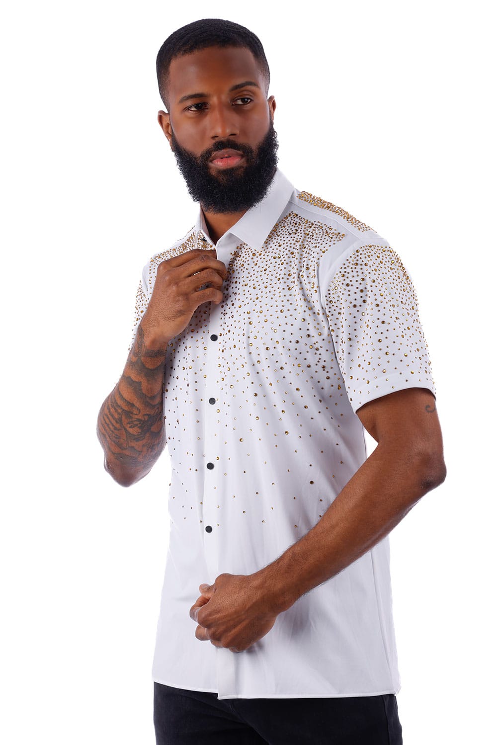Barabas Men's Rhinestones Button Down Short Sleeve Shirts 4SST06 White Gold