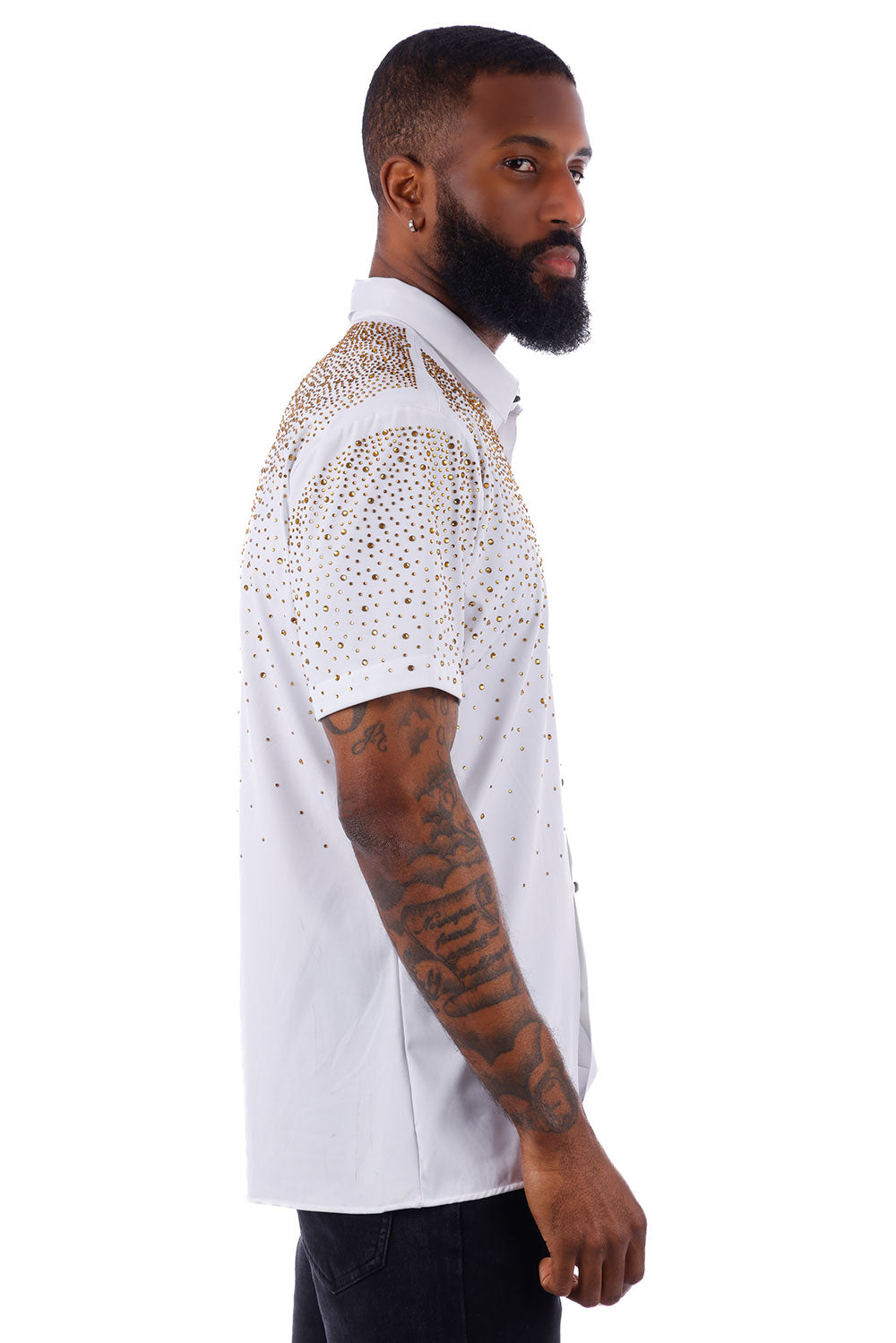 Barabas Men's Rhinestones Button Down Short Sleeve Shirts 4SST06 White Gold
