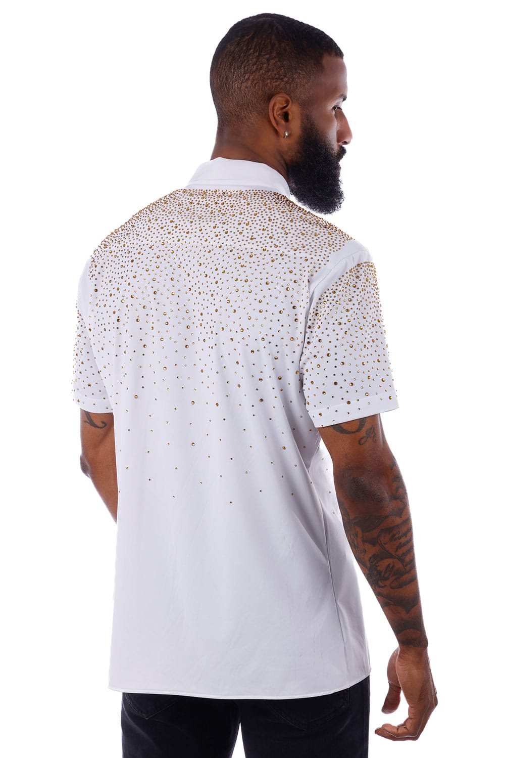 Barabas Men's Rhinestones Button Down Short Sleeve Shirts 4SST06 White Gold