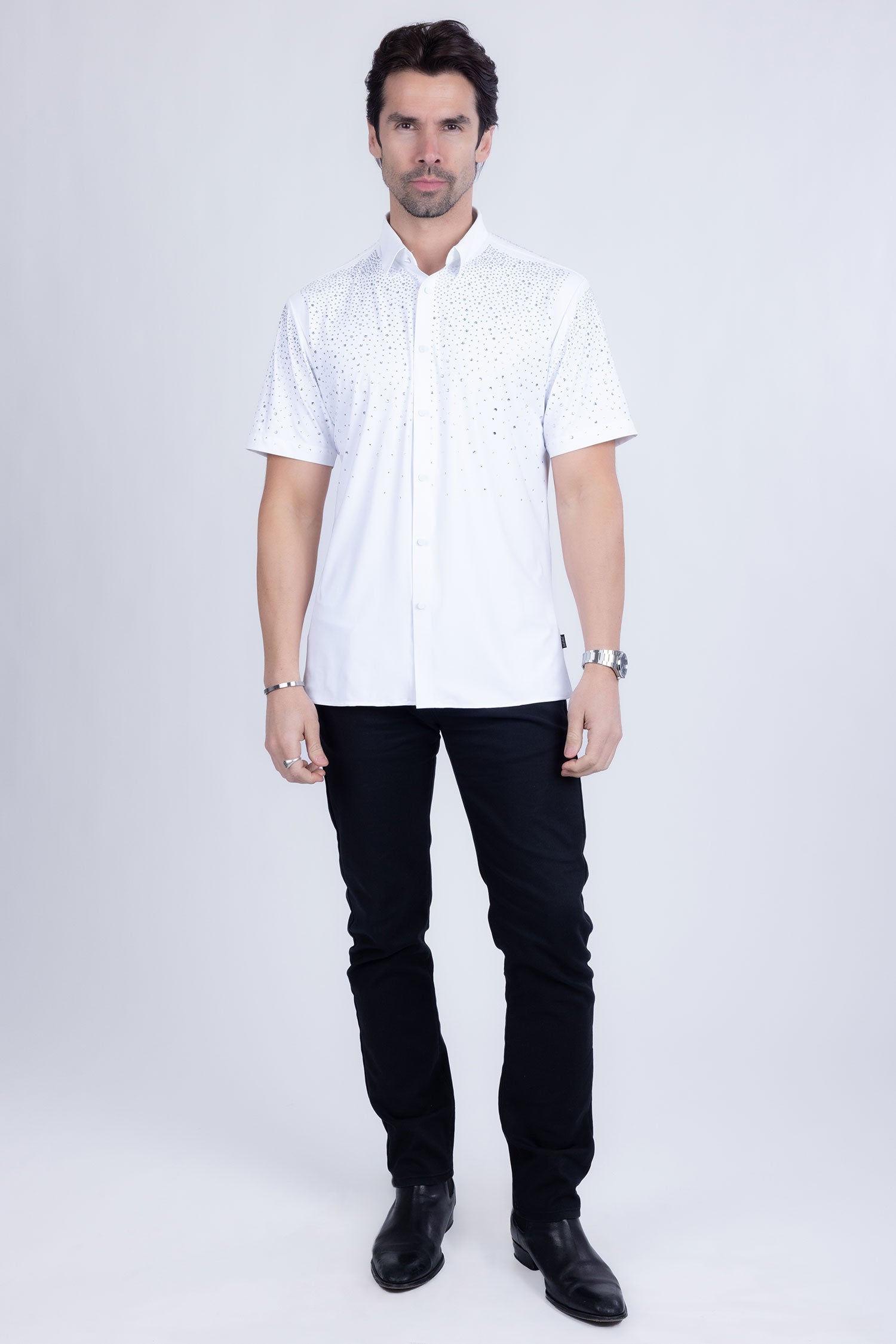 BARABAS Men's Rhinestones Button Down Short Sleeve Shirts 4SST06 White Silver