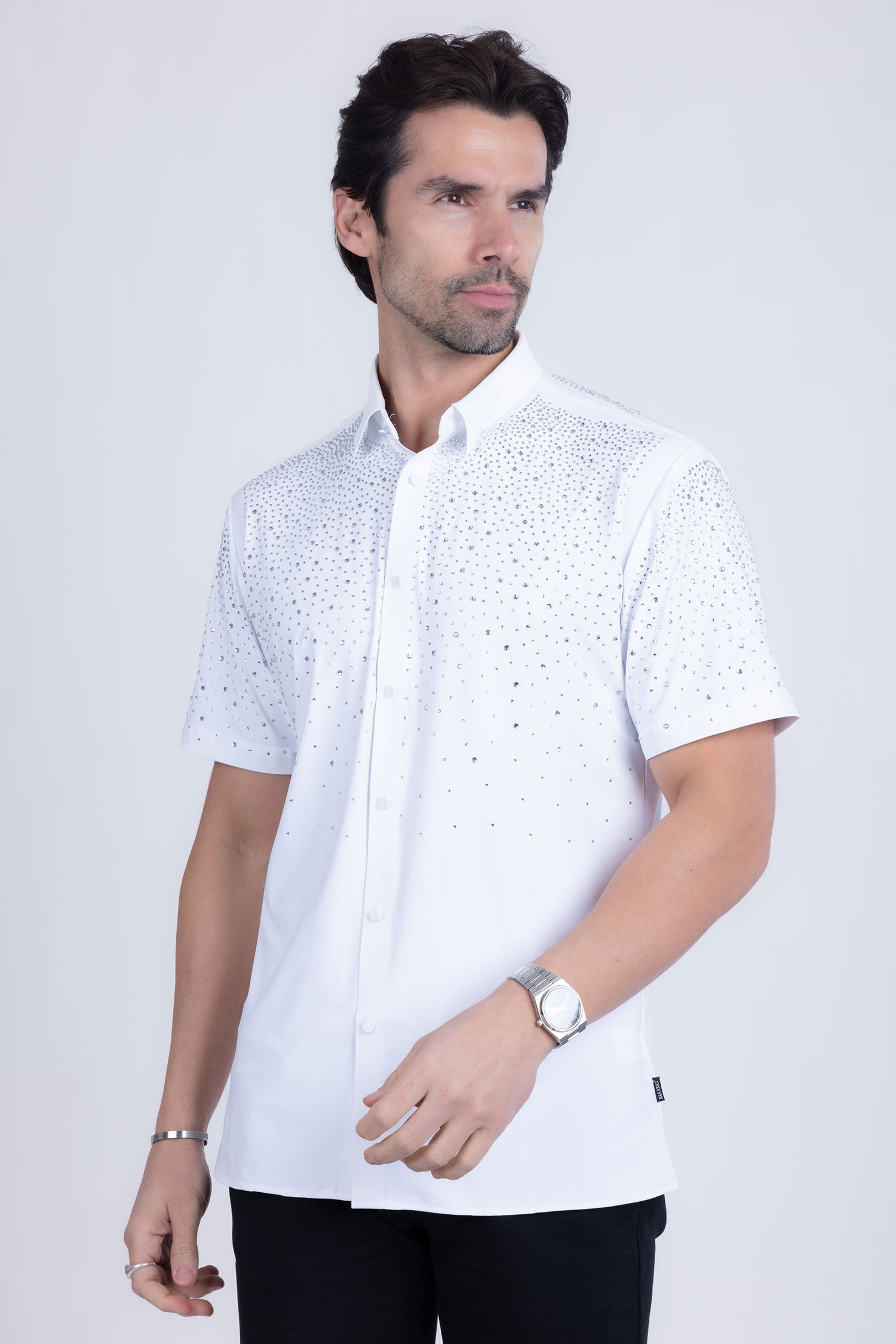 BARABAS Men's Rhinestones Button Down Short Sleeve Shirts 4SST06 White Silver