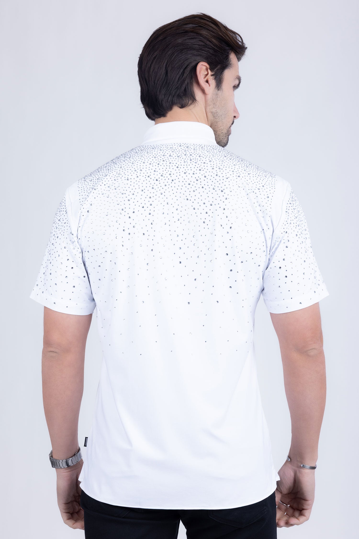 BARABAS Men's Rhinestones Button Down Short Sleeve Shirts 4SST06 White Silver